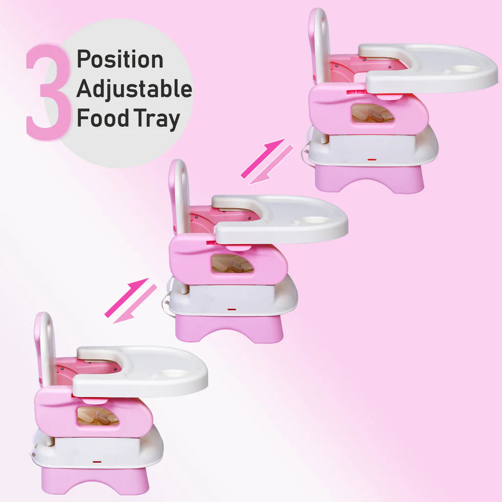 1st Step 2 in 1 Portable Booster Seat Cum Feeding Chair with 2 Level Height Adjustment and 5 Point Safety Harness (Pink)