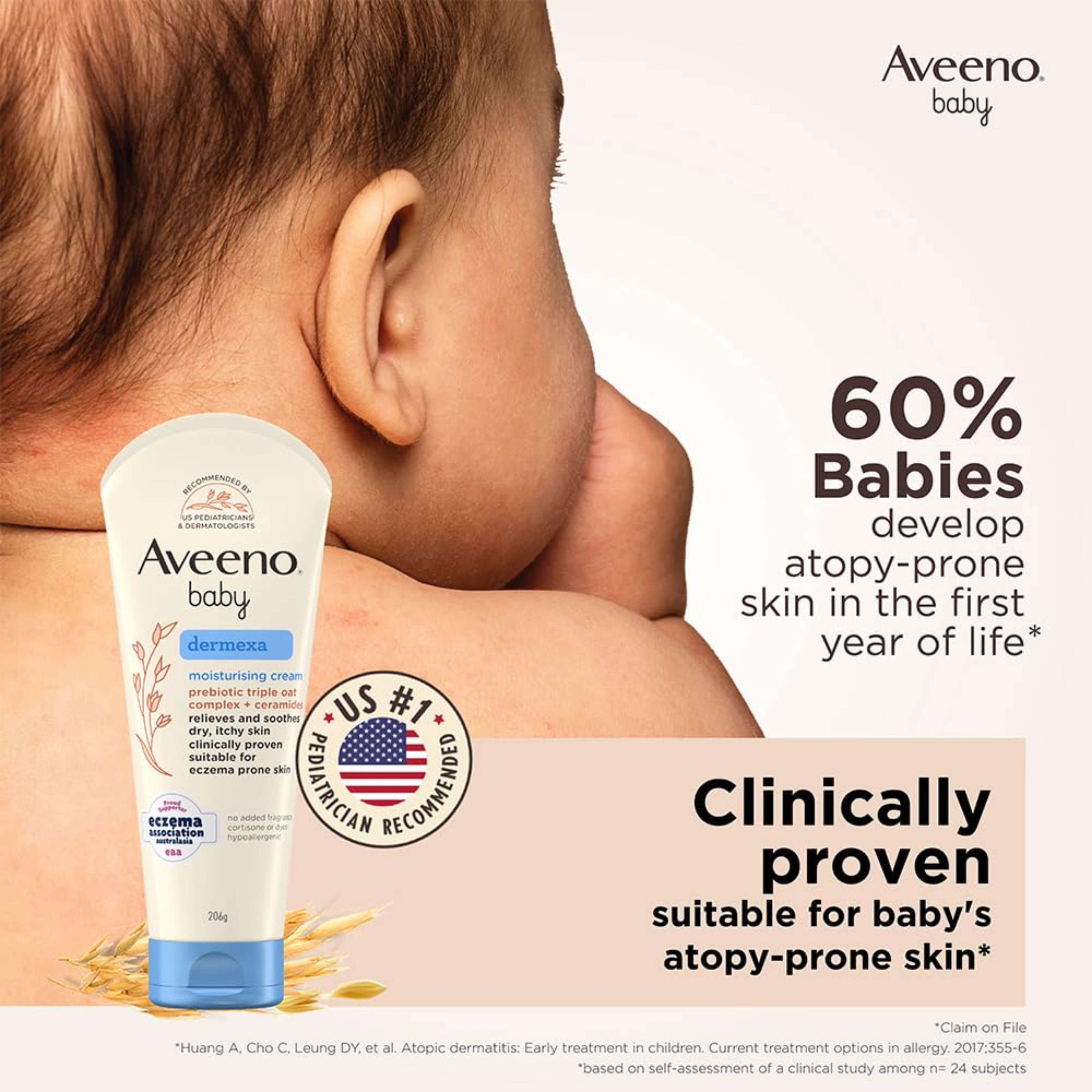 Aveeno Baby Dermexa Moisturising Cream with Prebiotic Triple Oat Complex & Ceramides | Soothes Dry, Itchy & Sensitive Baby Skin  - 100g