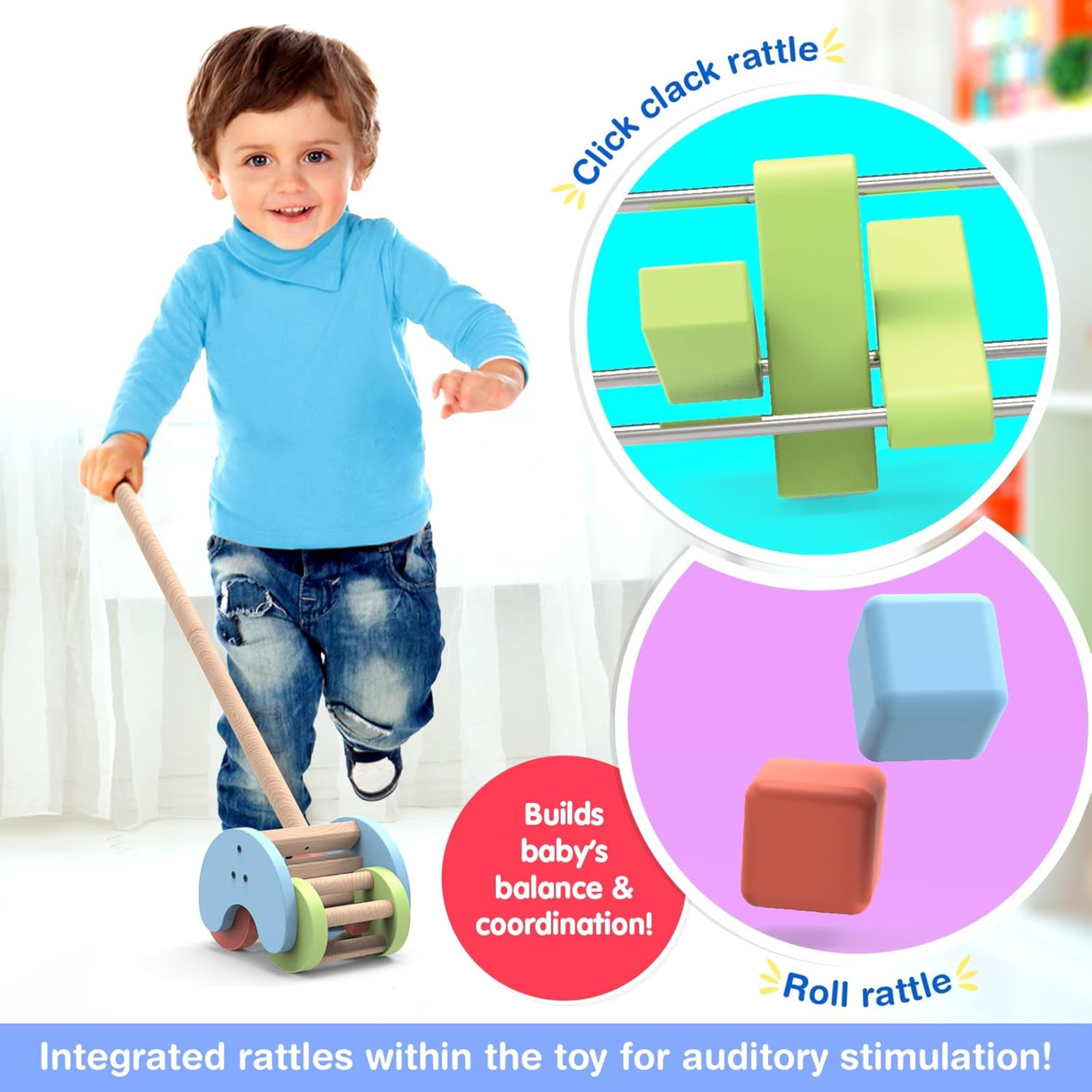 Funskool Giggles Rattle Strider Wooden,Push Along Toy, with Detachable Handle, Ideal for Toddlers, Playful Kid Toy, 18months and Above