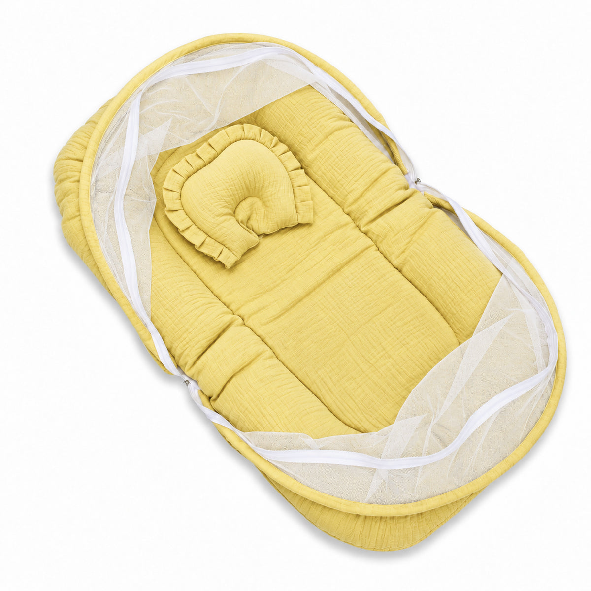 Crushed Muslin Baby Sleeping Bed with Mosquito Net & Pillow | Portable Net Bed for Newborns