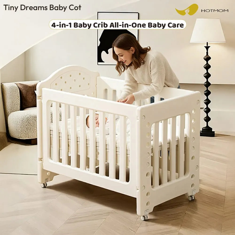 StarAndDaisy Tiny Dreams 4-in-1 Convertible Baby Cot Crib with Adjustable Height, HDPE Safe Material – White