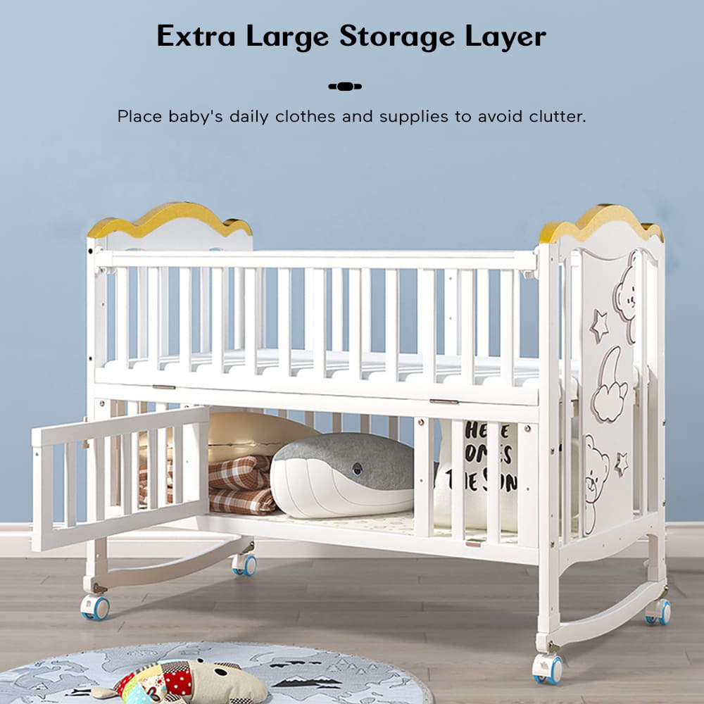 12 in 1 Baby Wooden Cot with Mattress, Convertible Baby Bed with Mosquito Net & Adjustable Stand – White