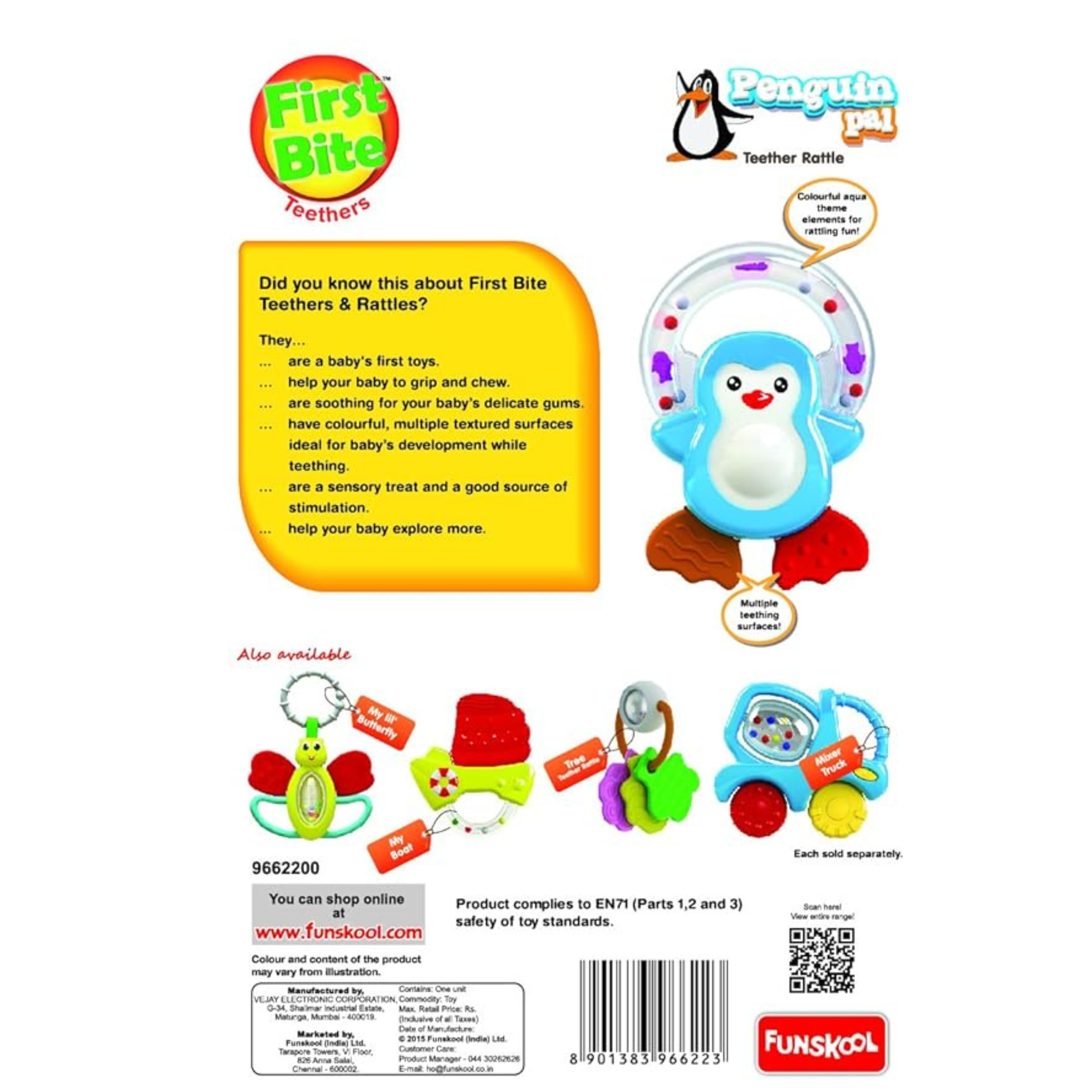 Funskool Penguin Teether Rattle for Babies | BPA Free Soft Teething & Rattle Toy for Infants
