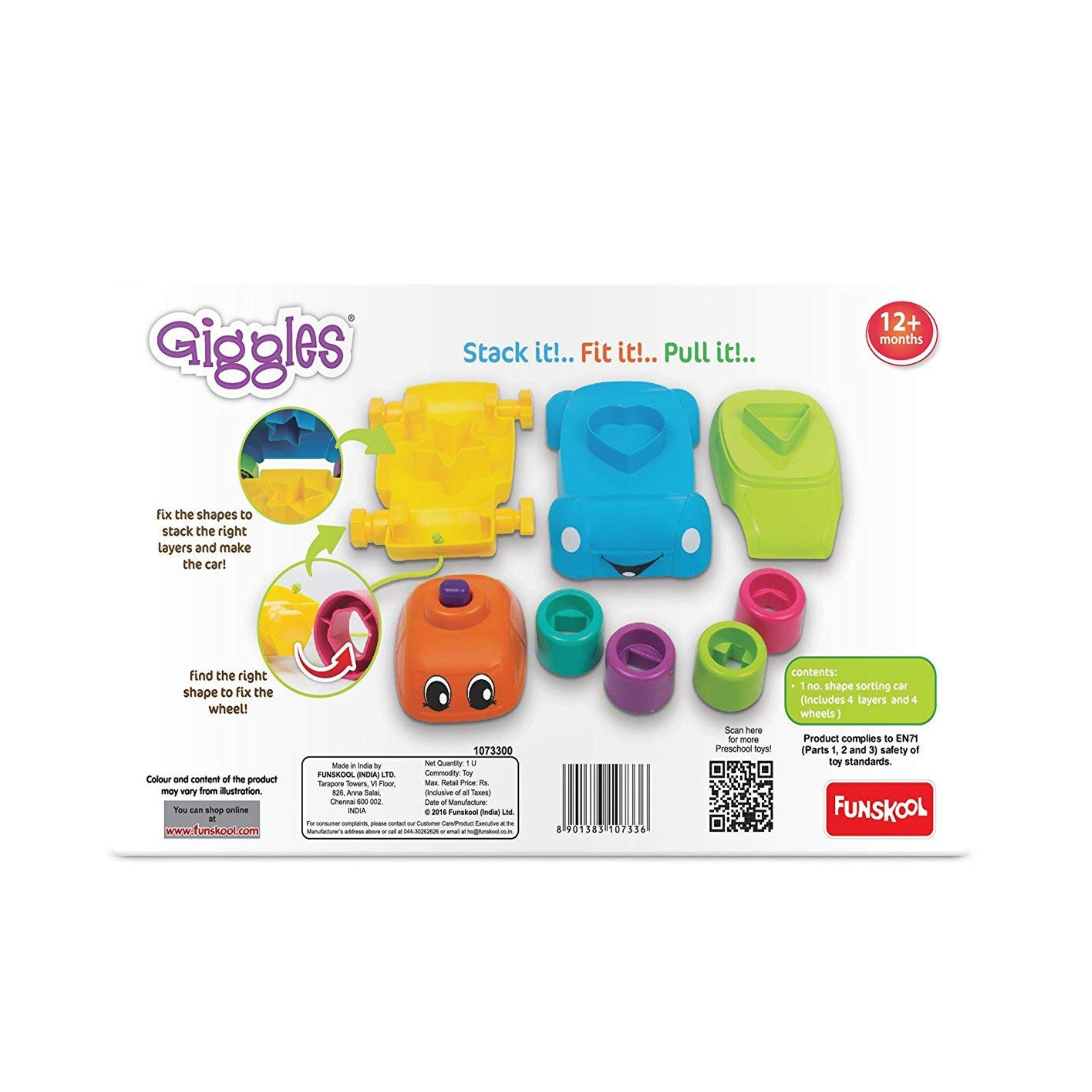 Giggles Stack a Car, Multi Color | 4 in 1 fun Stack-sort push-pull car - 18M+