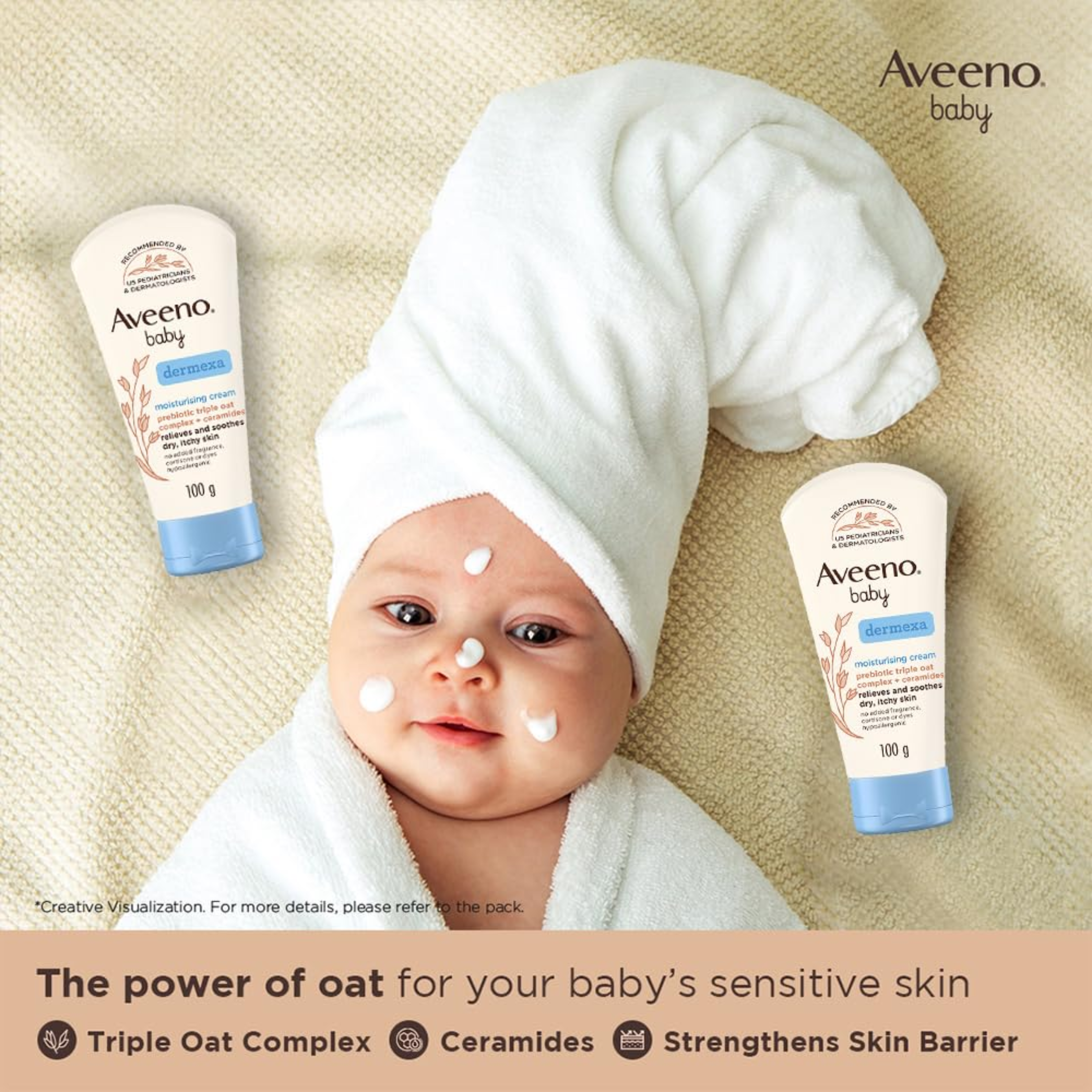 Aveeno Baby Dermexa Moisturising Cream with Prebiotic Triple Oat Complex & Ceramides | Soothes Dry, Itchy & Sensitive Baby Skin  - 100g