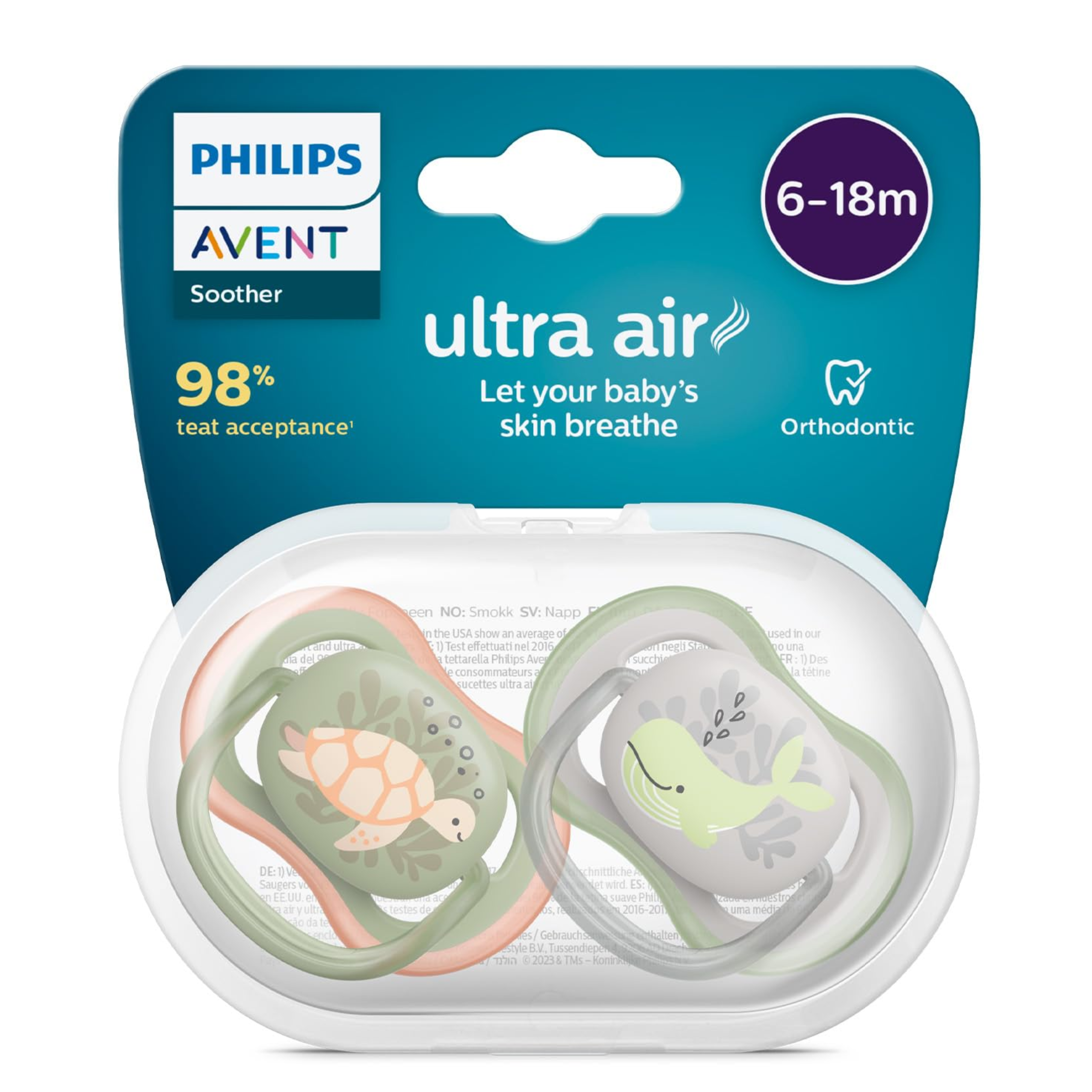 Philips Avent Ultra Air Soother 6-18 Months | Lightweight & Breathable Baby Pacifier for Babies | BPA Free Silicone Nipple (2 Pack)