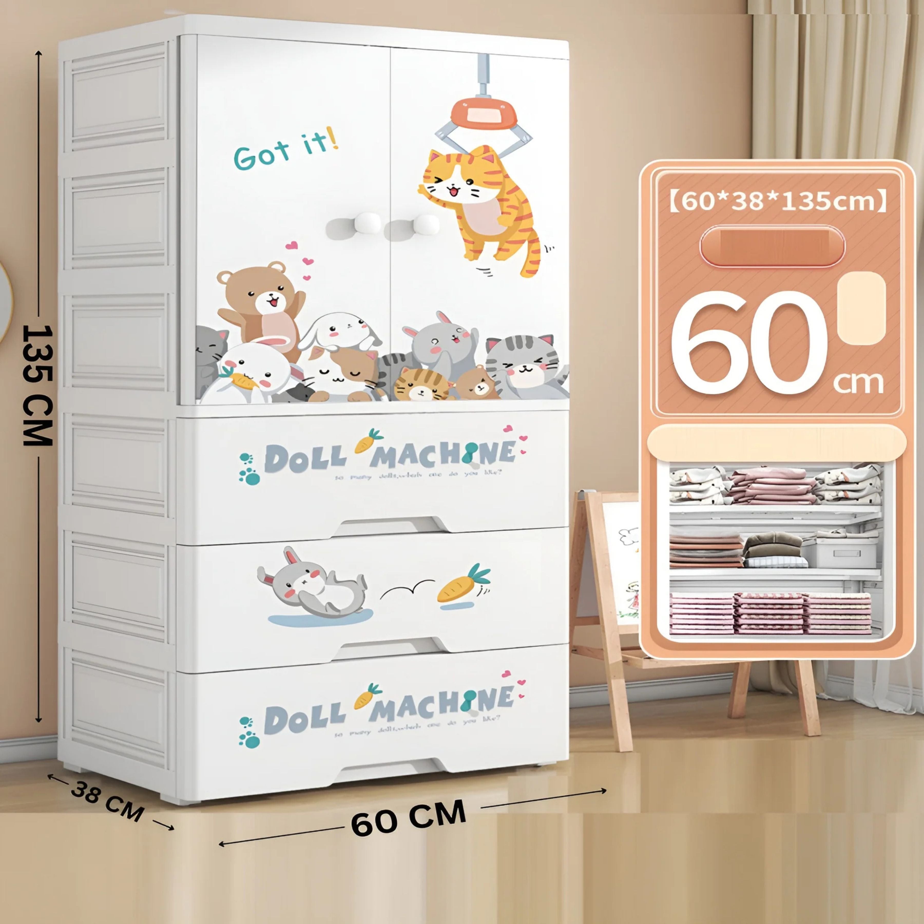 Kids Wardrobe Organizer| Multi-Layer Baby Clothes Storage Cabinet with Shelves | Space Saving Kids Storage Wardrobe(70x38x156 cm) Model No.6023(Doll) A