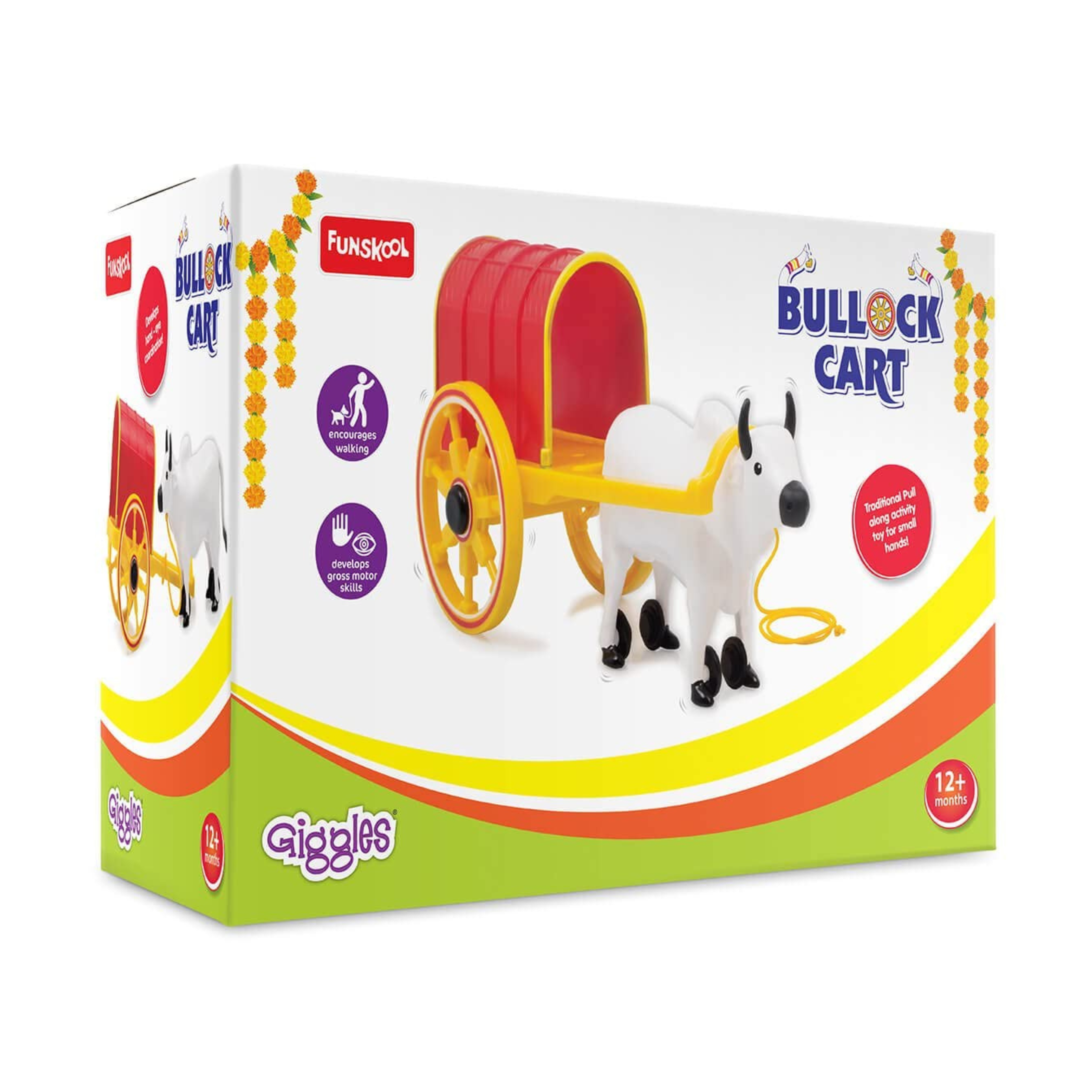 Funskool Giggles - Bullock Cart , Pull string toy, toys for kids, Pull Along Toy , Encourages Walking, Pretend Play,Colours , 12 Months & Above , Infant and Preschool Toys(Multicolour)