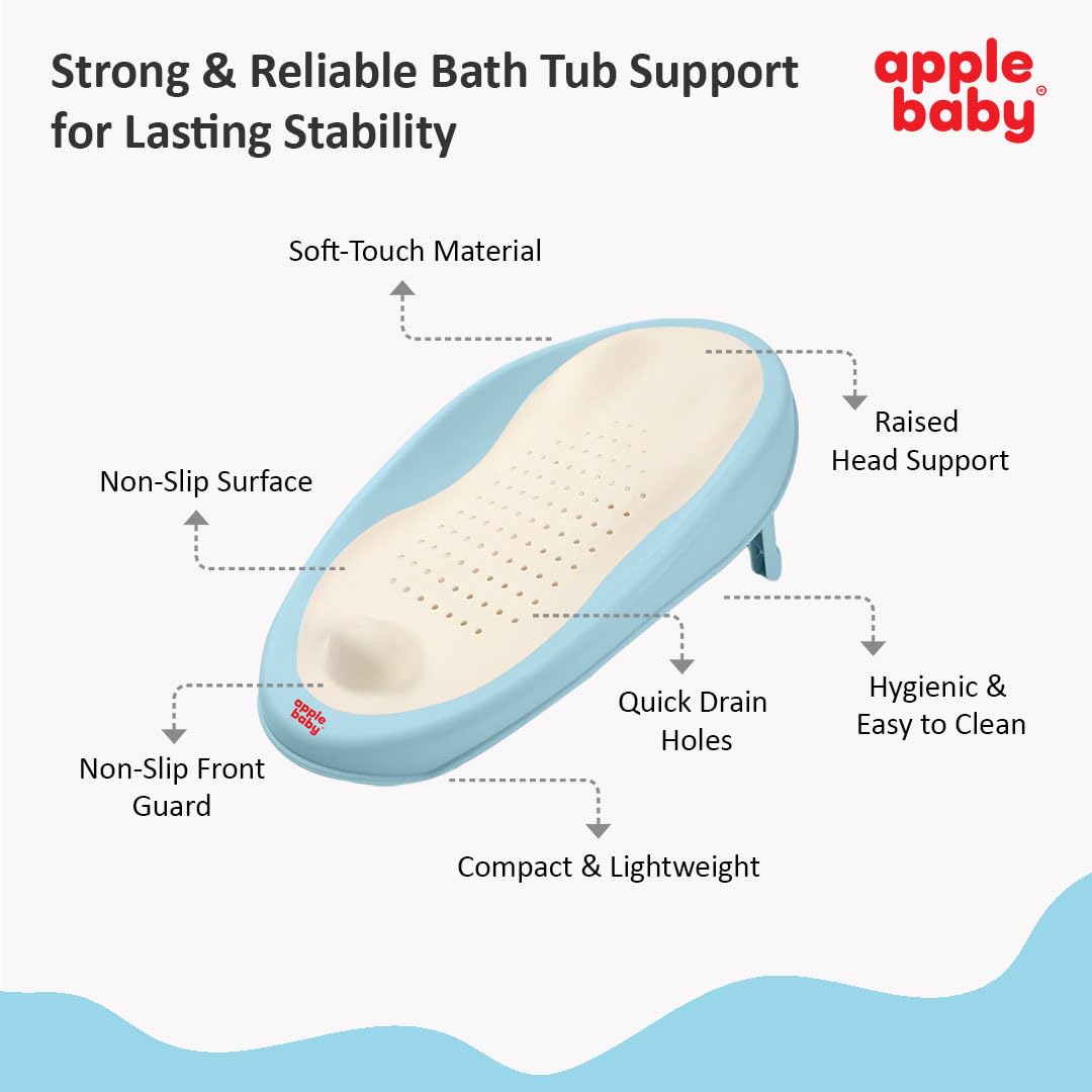 Apple Baby Bath Support, Soft-Touch TPE Material, Non-Slip Surface with Quick Drain Holes, Compact and Lightweight (Light Blue)