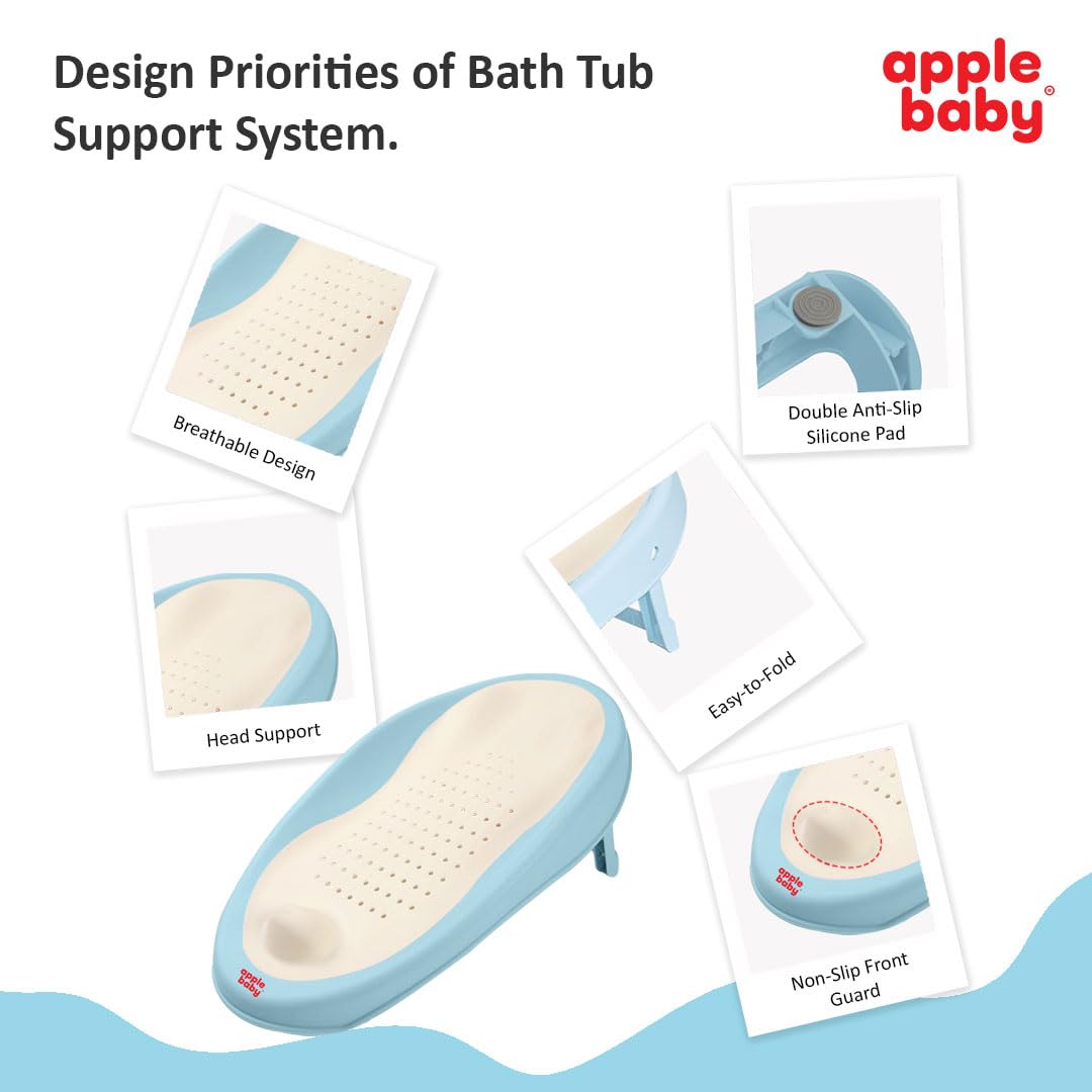 Apple Baby Bath Support, Soft-Touch TPE Material, Non-Slip Surface with Quick Drain Holes, Compact and Lightweight (Light Blue)