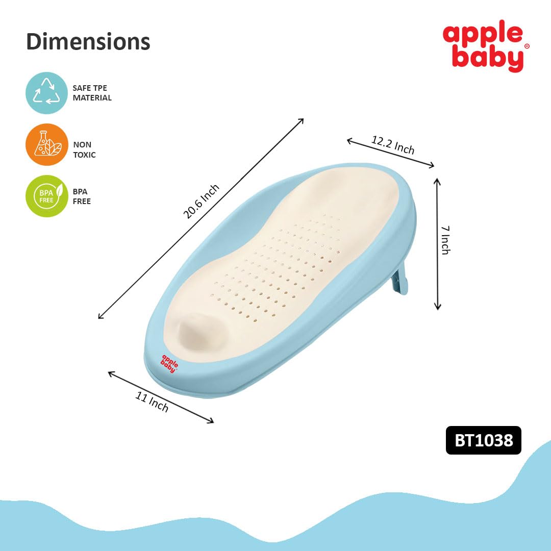 Apple Baby Bath Support, Soft-Touch TPE Material, Non-Slip Surface with Quick Drain Holes, Compact and Lightweight (Light Blue)
