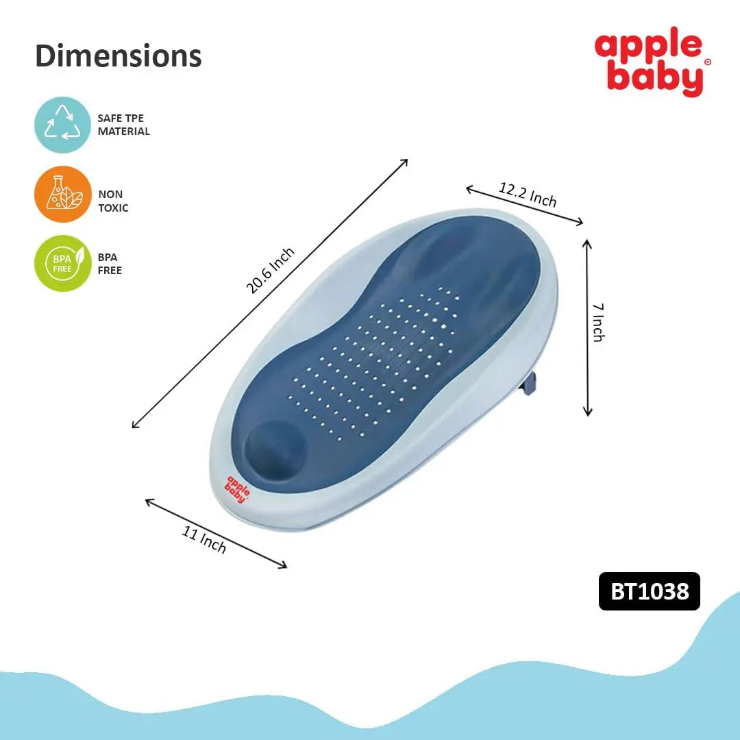 Apple Baby Bather tub Bath Support, Soft-Touch TPE Material, Non-Slip Surface with Quick Drain Holes, Compact and Lightweight (Blue) Apple Baby