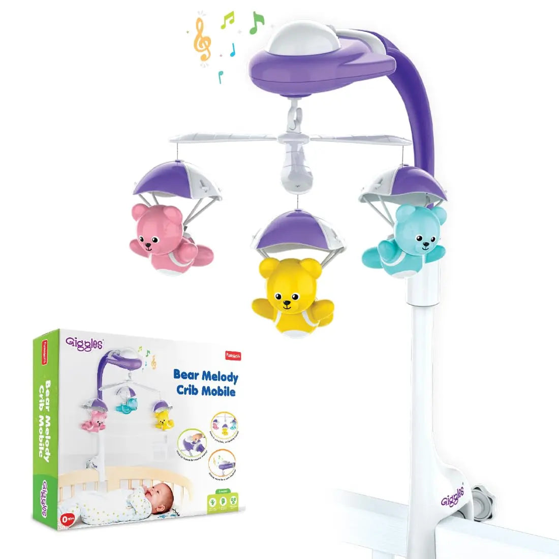 Giggles Funskool Bear Melody Crib Mobile cot, bed side bell, Soothing Music with Adorable Parachute Bears, Hanging Toy for Newborn Baby, Infants & Toddlers, Gift Set for Babies, Age 0+ Months Giggles Funskool