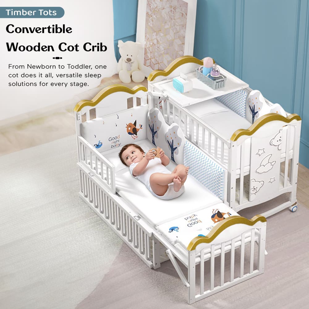 12 in 1 Baby Wooden Cot with Mattress, Convertible Baby Bed with Mosquito Net & Adjustable Stand – White
