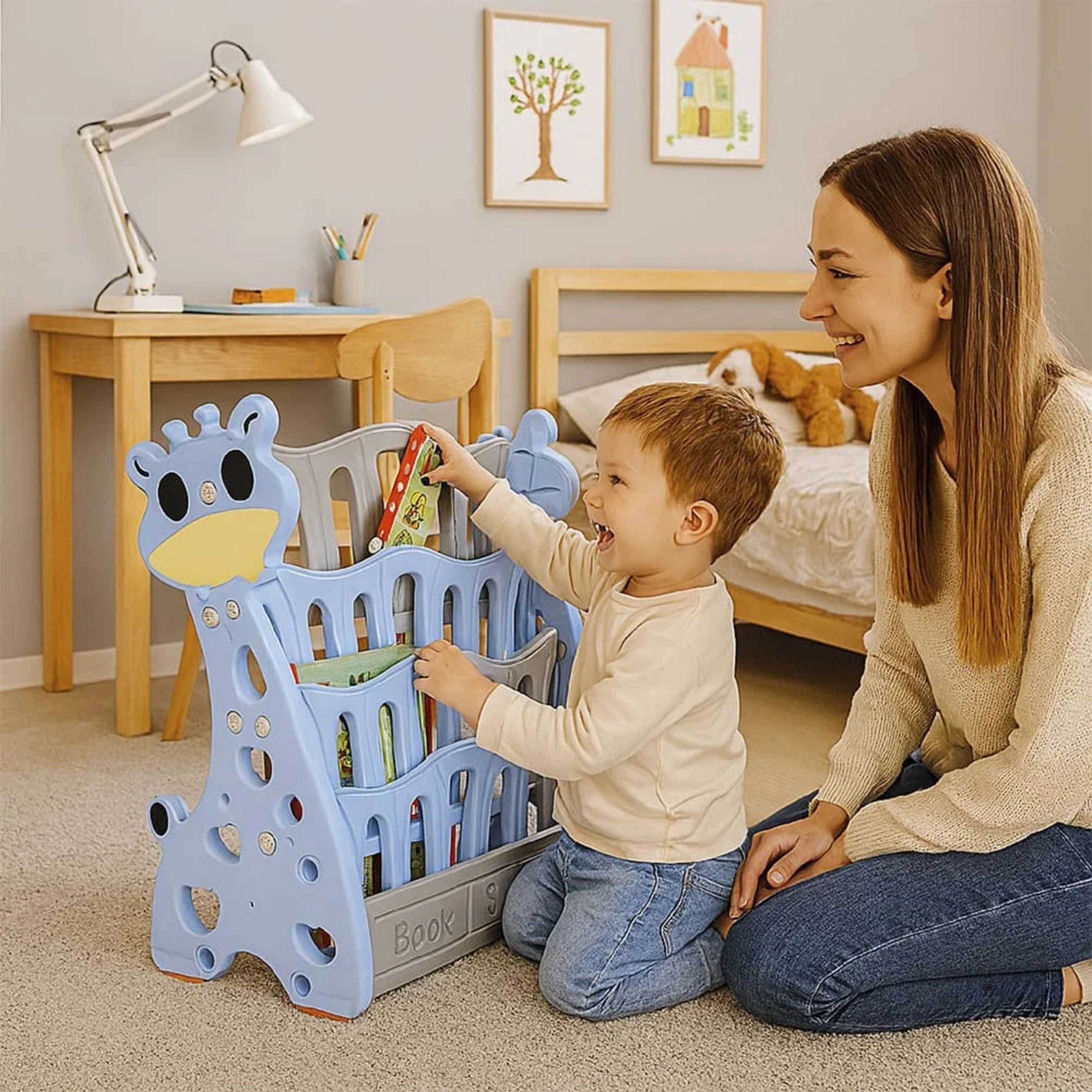 StarAndDaisy Kids Giraffe Bookshelf Organizer | Child-Friendly Book Storage Rack for Kids | Multi-Layer Toy & Book Organizer