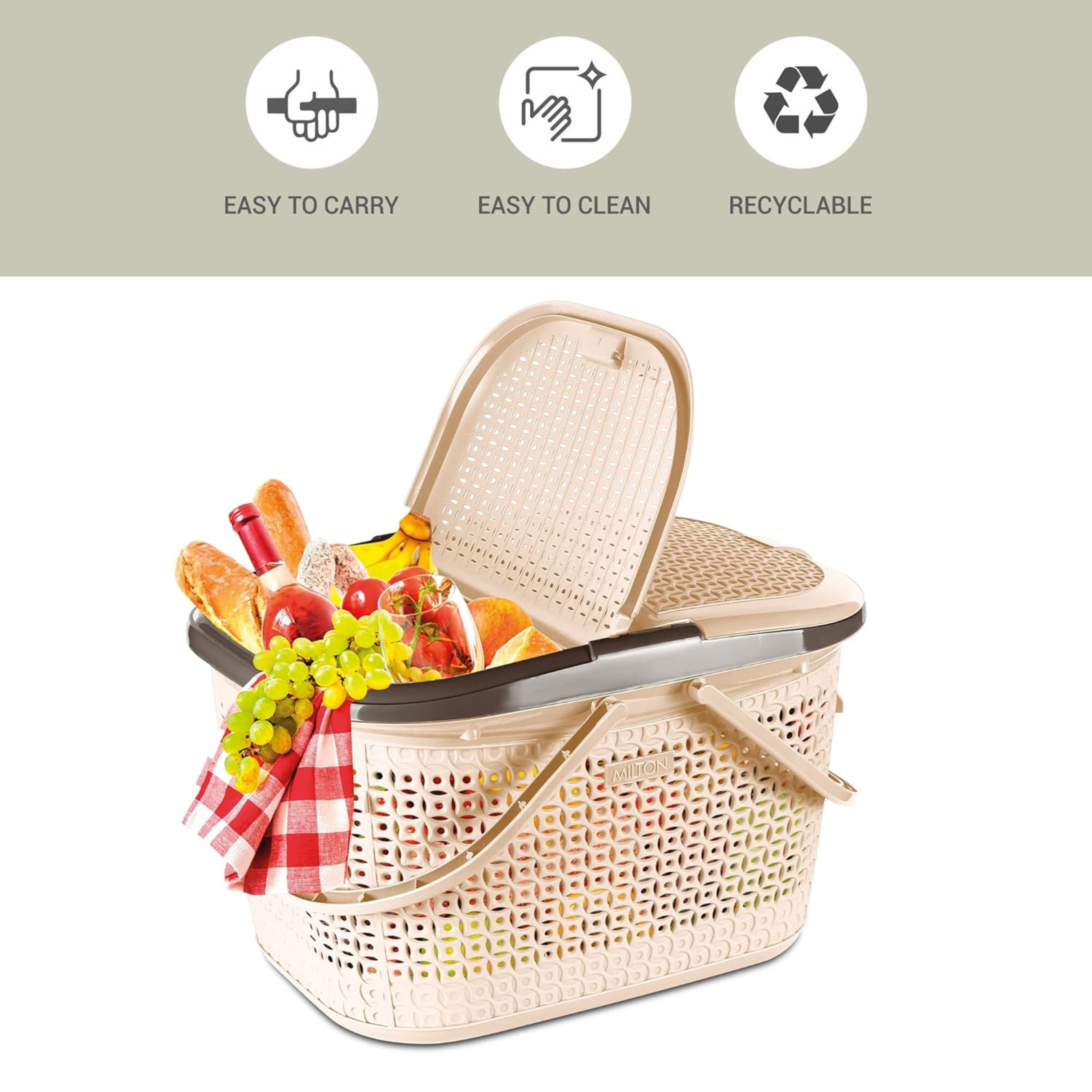 Milton Pluto Picnic Basket with Two Side Opening Lid and with Handles, 1 Piece, (49.1 x 37.8 x 30.6 cms) Ivory| Multipurpose | Toy | Clothes | Shopping | Accessories | Easy to Carry