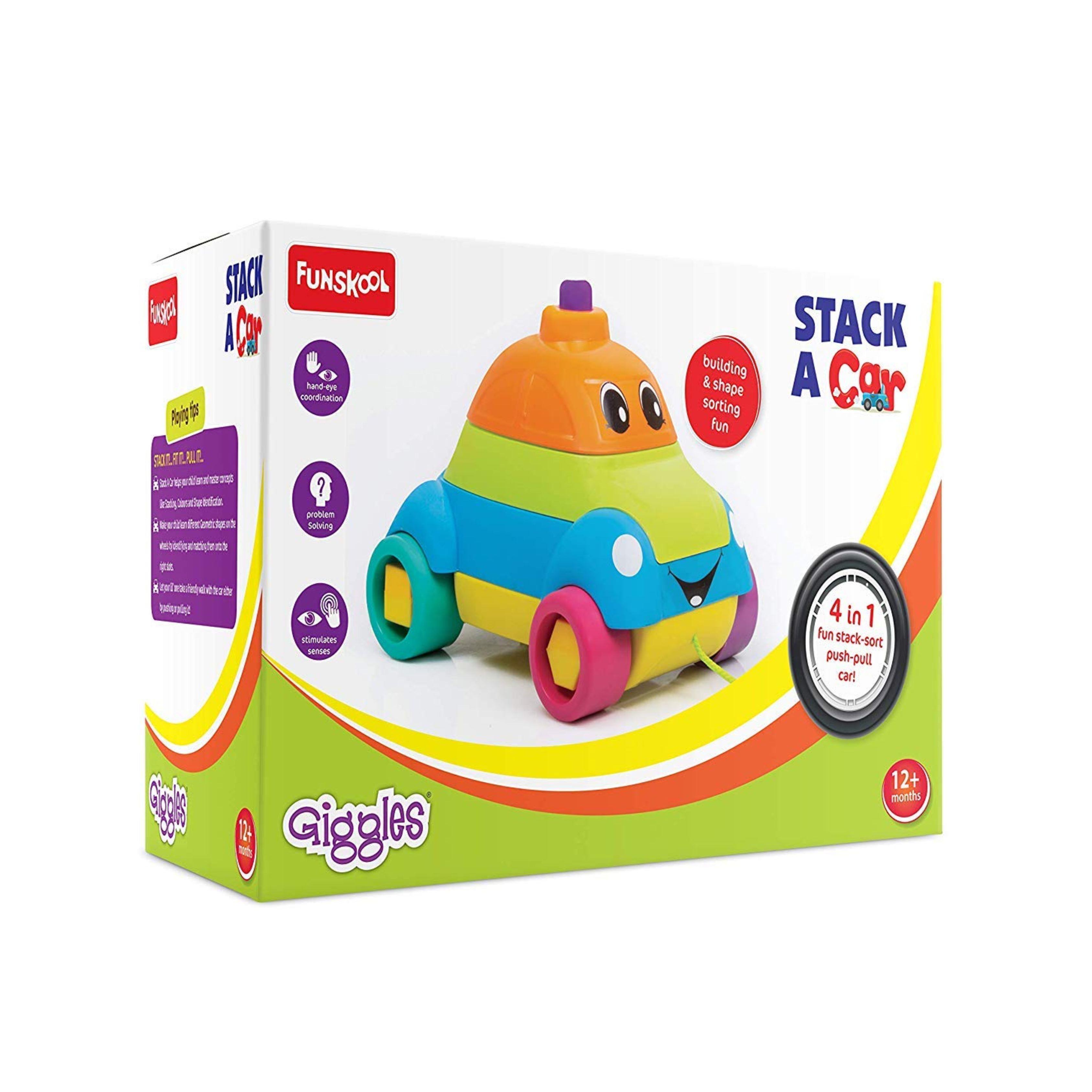 Giggles Stack a Car, Multi Color | 4 in 1 fun Stack-sort push-pull car - 18M+