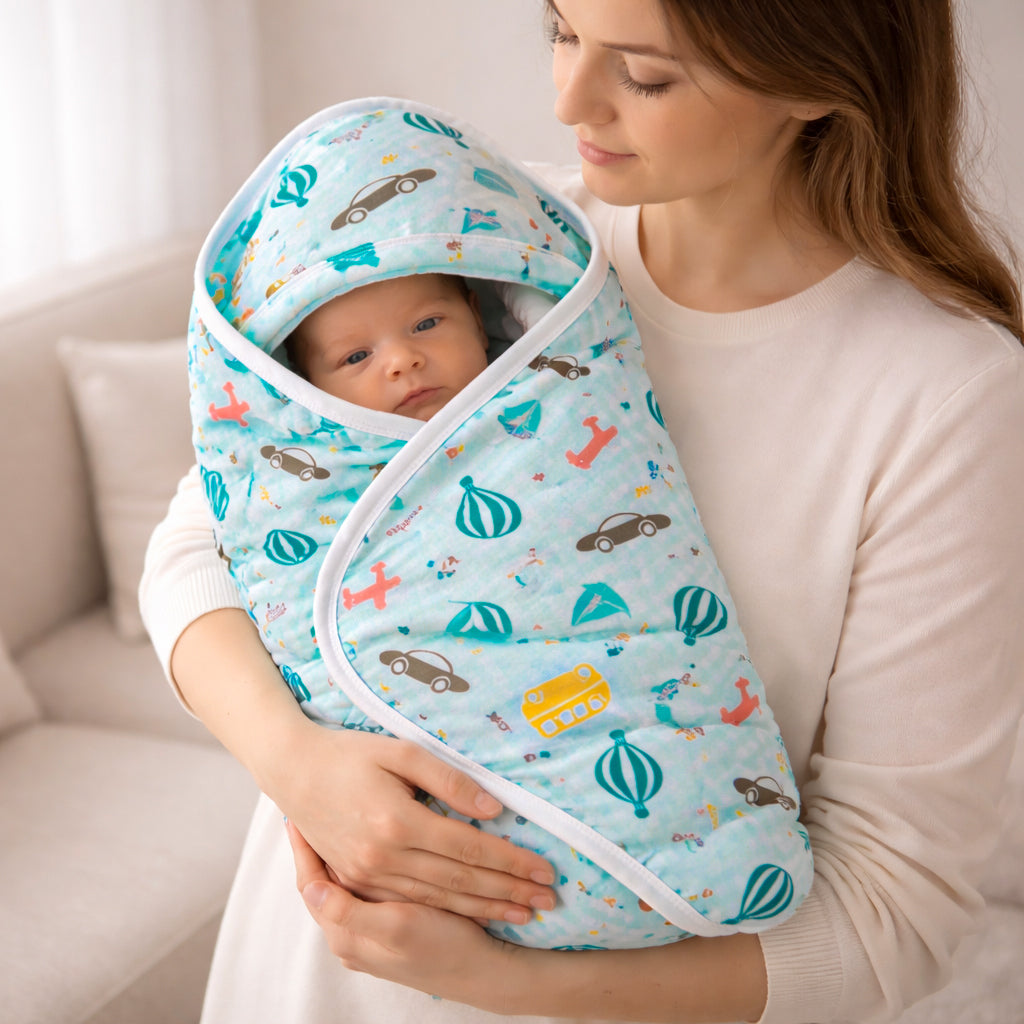 Newborn Baby Wrapper Blanket with Hood | Soft Padded Cotton Swaddle Wrap | Warm, Breathable & Comfortable Baby Wrap (0–6 Months)