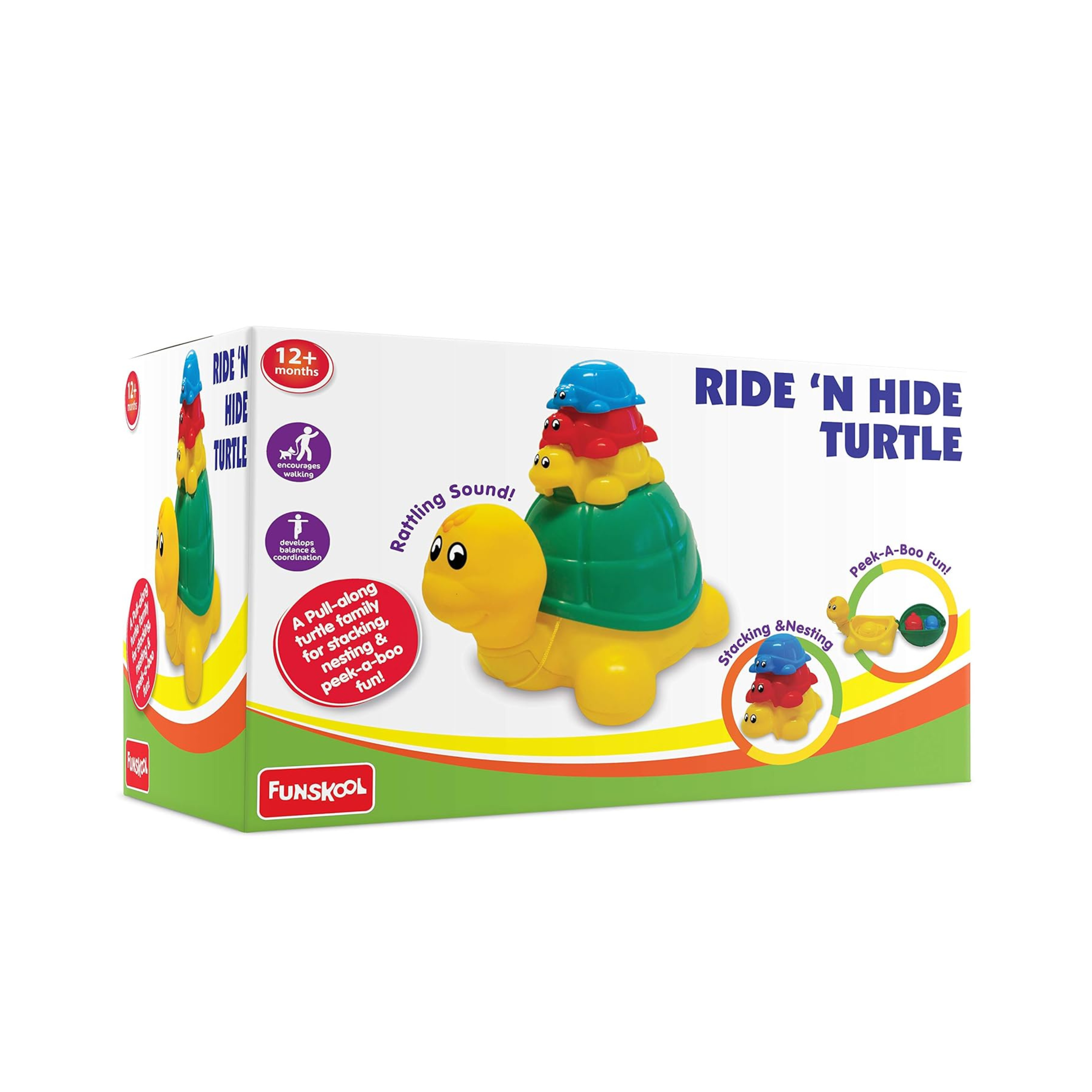 Click to see full view Funskool Giggles, Ride N Hide Turtle, Pull Along Toy, Encourages Walking, Funny Walking Style, 12 Months & Above, Infant and Preschool Toys, Multicolor