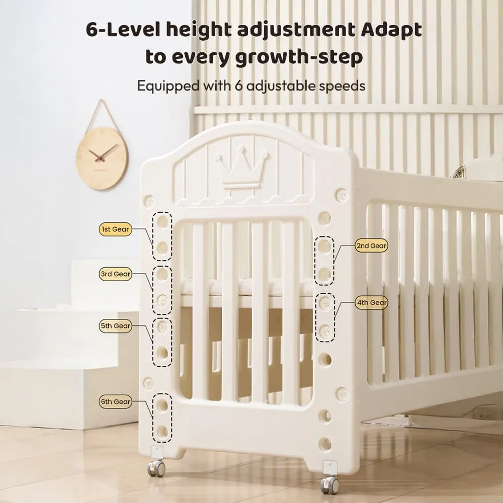 StarAndDaisy Tiny Dreams 4-in-1 Convertible Baby Cot Crib with Adjustable Height, HDPE Safe Material – White