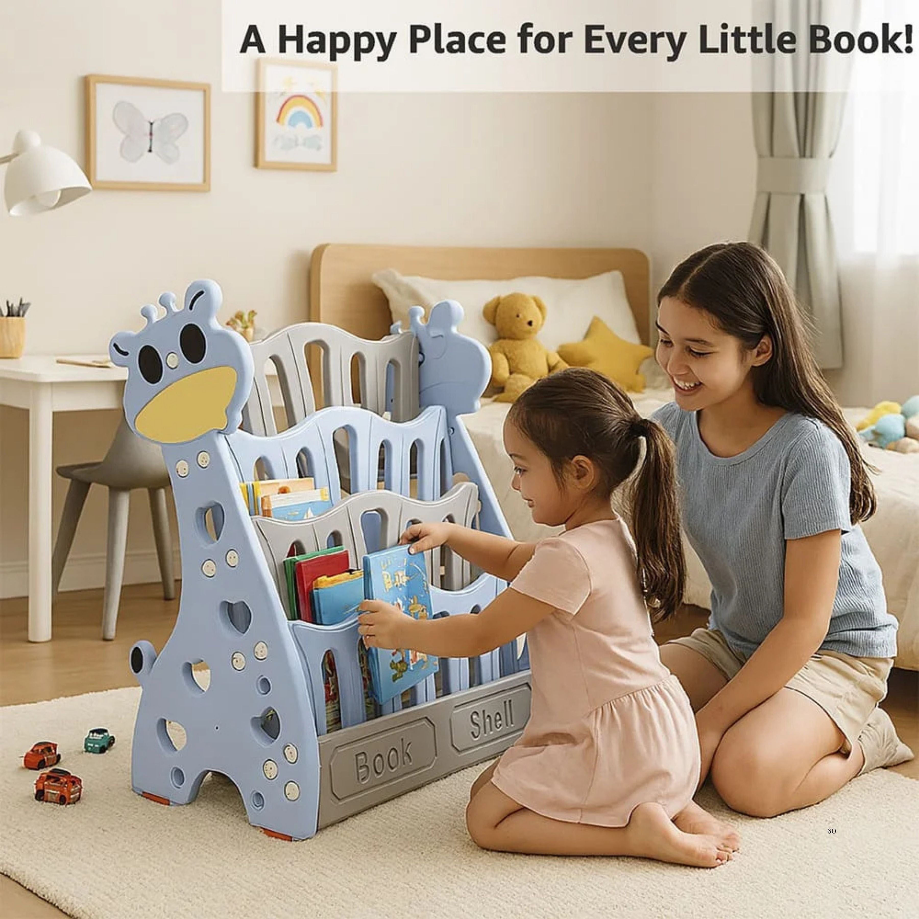 StarAndDaisy Kids Giraffe Bookshelf Organizer | Child-Friendly Book Storage Rack for Kids | Multi-Layer Toy & Book Organizer