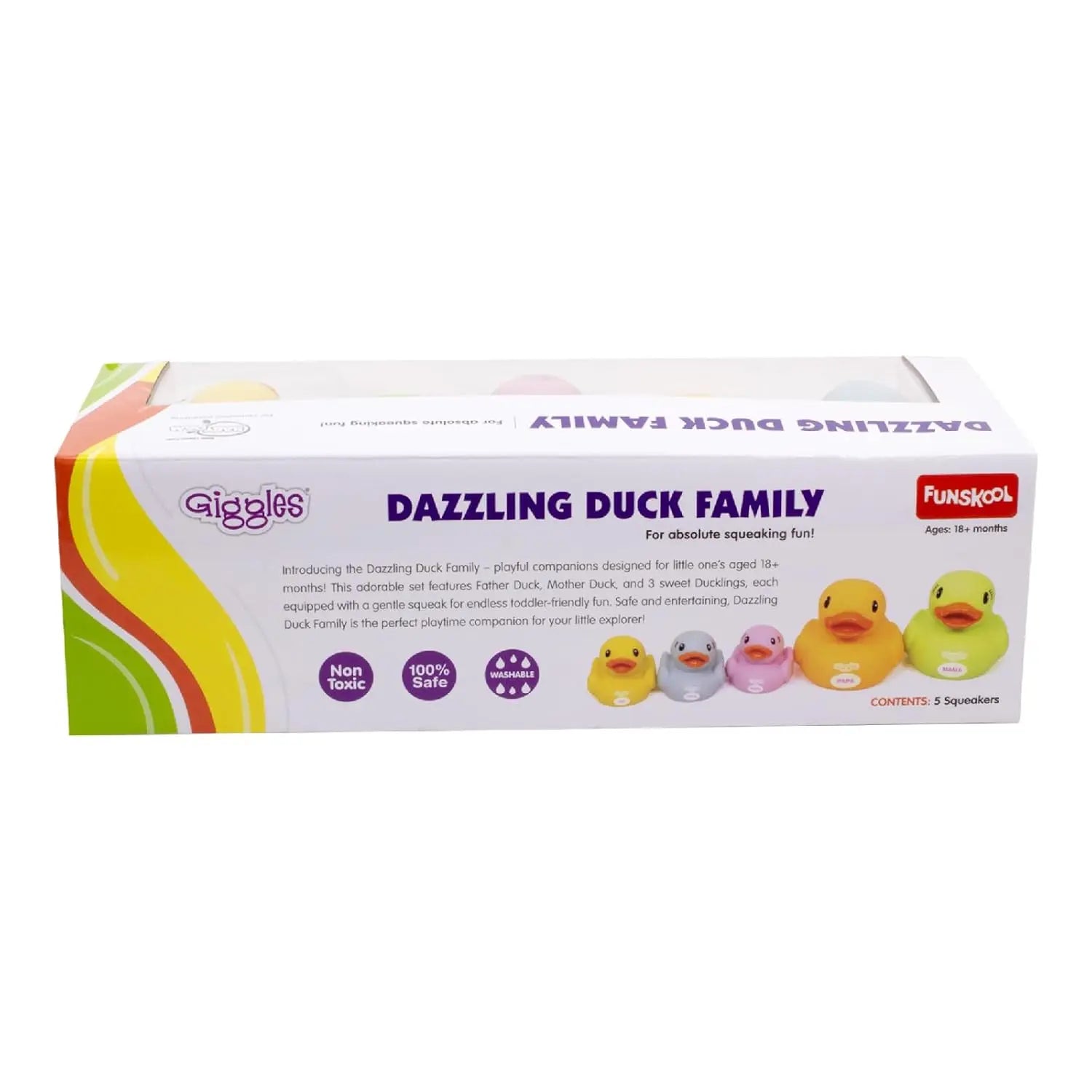 Funskool Giggles Dazzling Duck Family Squeakers , Multicolor Duck Squeakers,Ages : 6 Months, Natural squeaking Sound, Pack of 5, Infant Toys Giggles Funskool