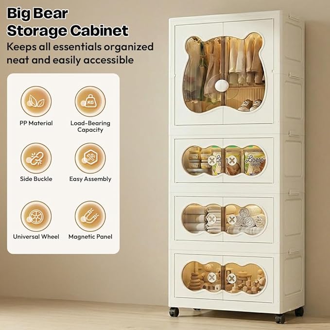 Cartoon Bear Kids Wardrobe | Foldable Plastic Baby Clothes Organizer with Wheels | Collapsible Clothing & Toy Storage Cabinet for Kids