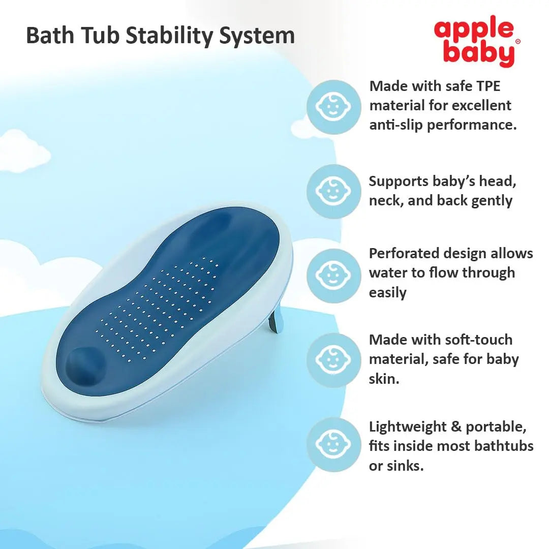 Apple Baby Bather tub Bath Support, Soft-Touch TPE Material, Non-Slip Surface with Quick Drain Holes, Compact and Lightweight (Blue) Apple Baby