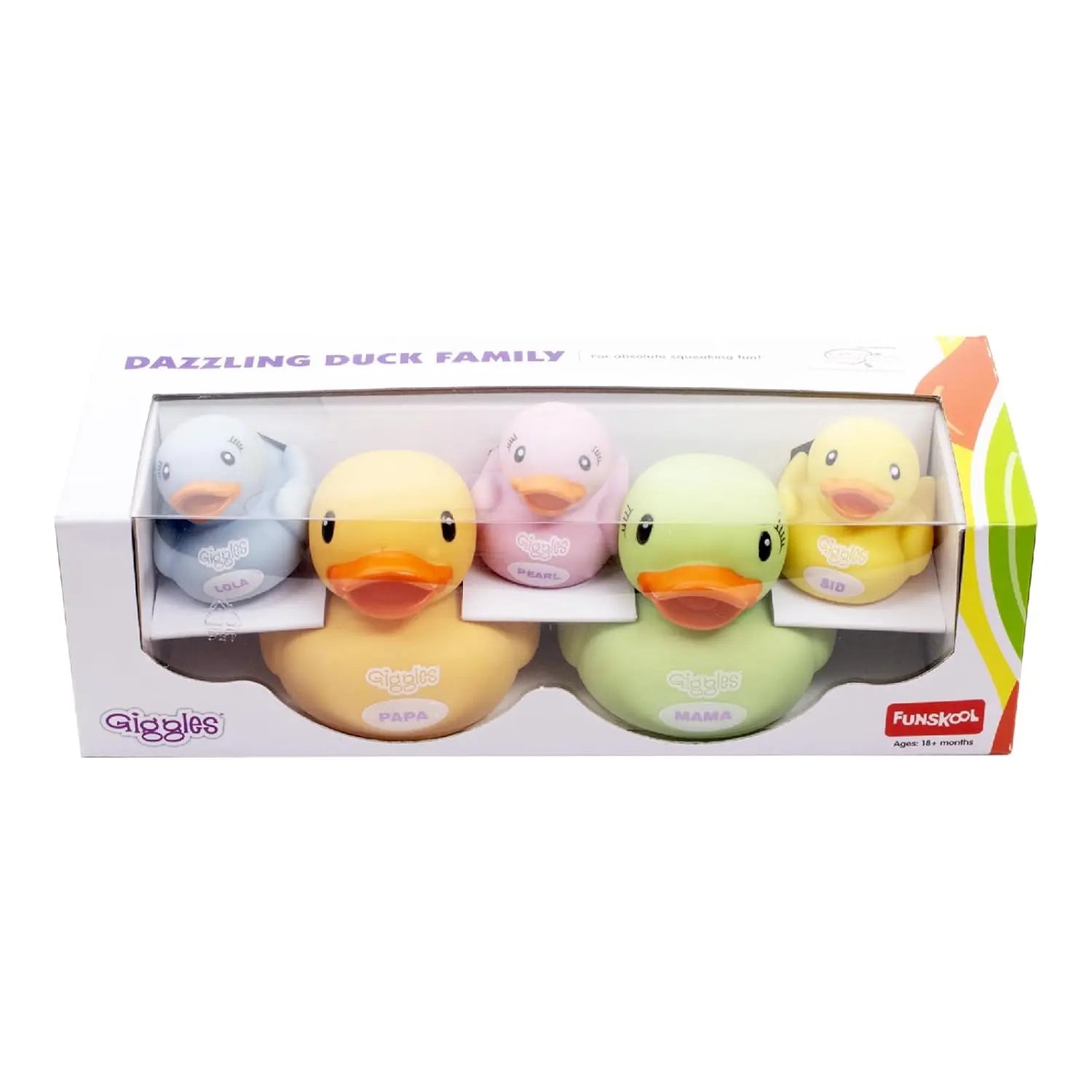 Funskool Giggles Dazzling Duck Family Squeakers , Multicolor Duck Squeakers,Ages : 6 Months, Natural squeaking Sound, Pack of 5, Infant Toys Giggles Funskool