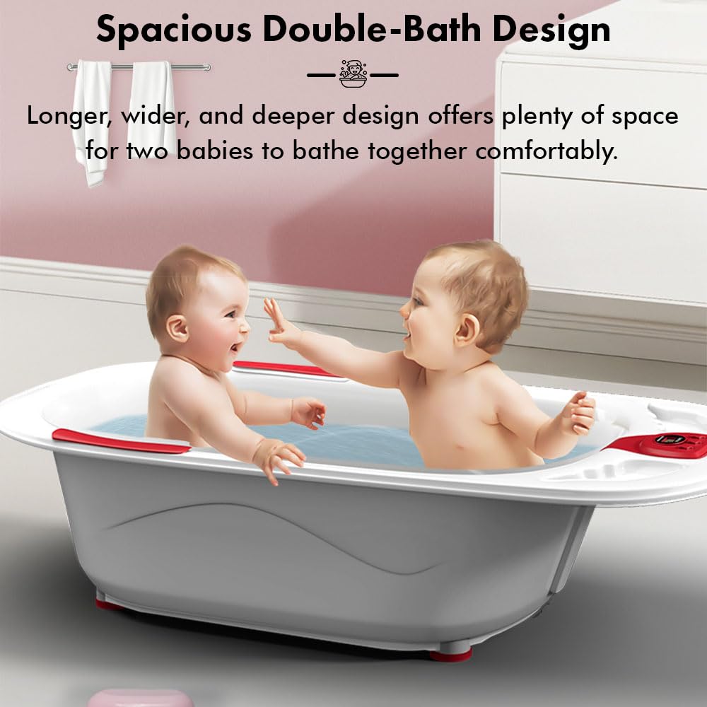 StarAndDaisy Baby Bath tub for 0 to 5 Years with Temperature Sensor/Bath tub for Kids 0-3 Years for Kids with Anti-Slip Legs/Bath tub for Baby with Baby Bather Without Wheel(White-Red)