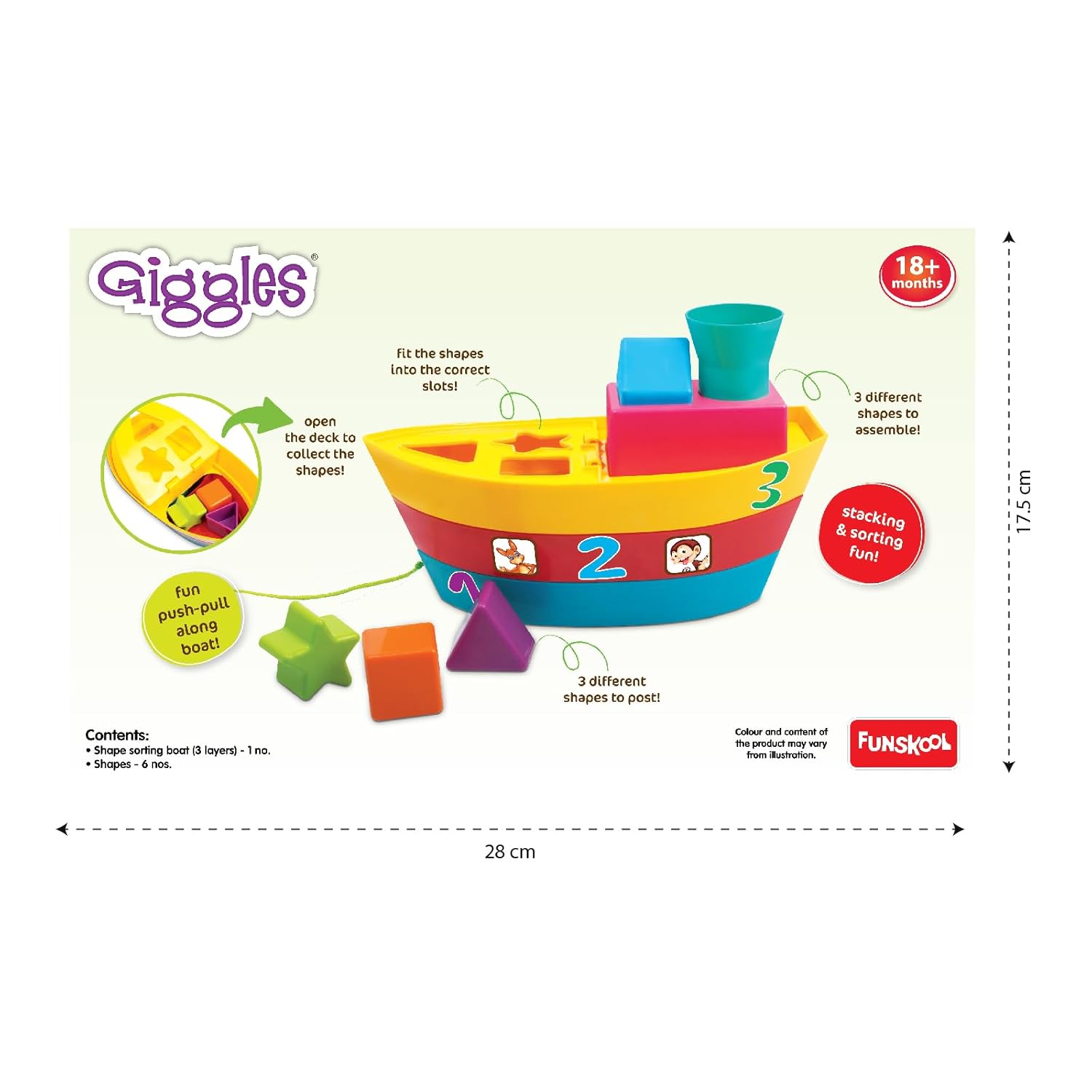 Giggles Funskool Stack A Boat, Pull Along, Nesting & Stackable Toy for Kids, Encourages Learning & Development, Fun Activity for Babies, Gift Set for Kid, Age 18+ Months