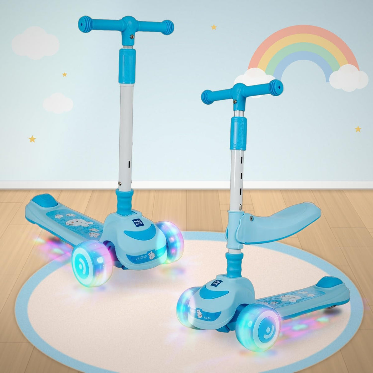 Blue Mee Mee kids scooter with and without seat, flashing light-up wheels