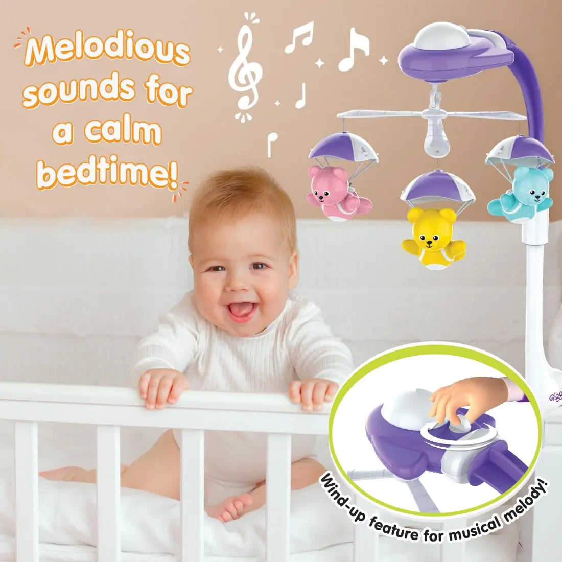 Giggles Funskool Bear Melody Crib Mobile cot, bed side bell, Soothing Music with Adorable Parachute Bears, Hanging Toy for Newborn Baby, Infants & Toddlers, Gift Set for Babies, Age 0+ Months Giggles Funskool