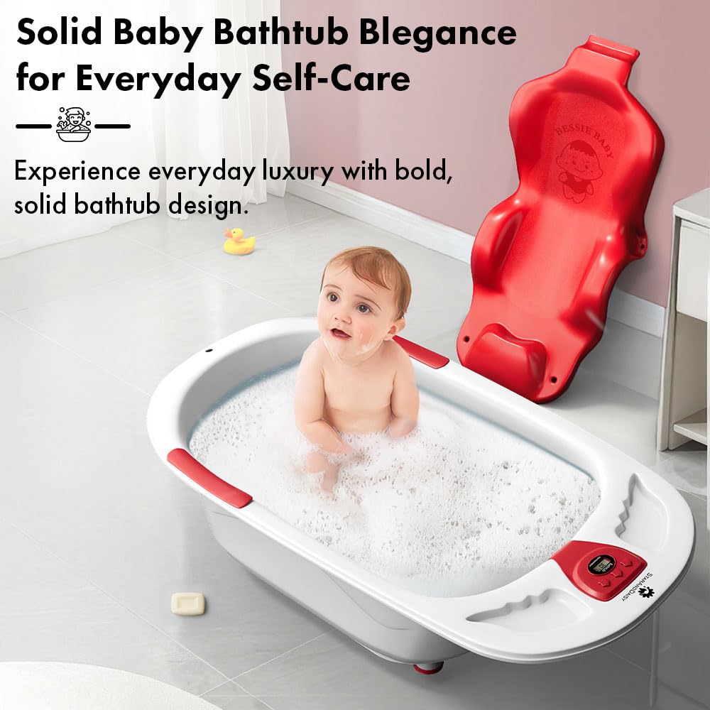 StarAndDaisy Baby Bath tub for 0 to 5 Years with Temperature Sensor/Bath tub for Kids 0-3 Years for Kids with Anti-Slip Legs/Bath tub for Baby with Baby Bather Without Wheel(White-Red)