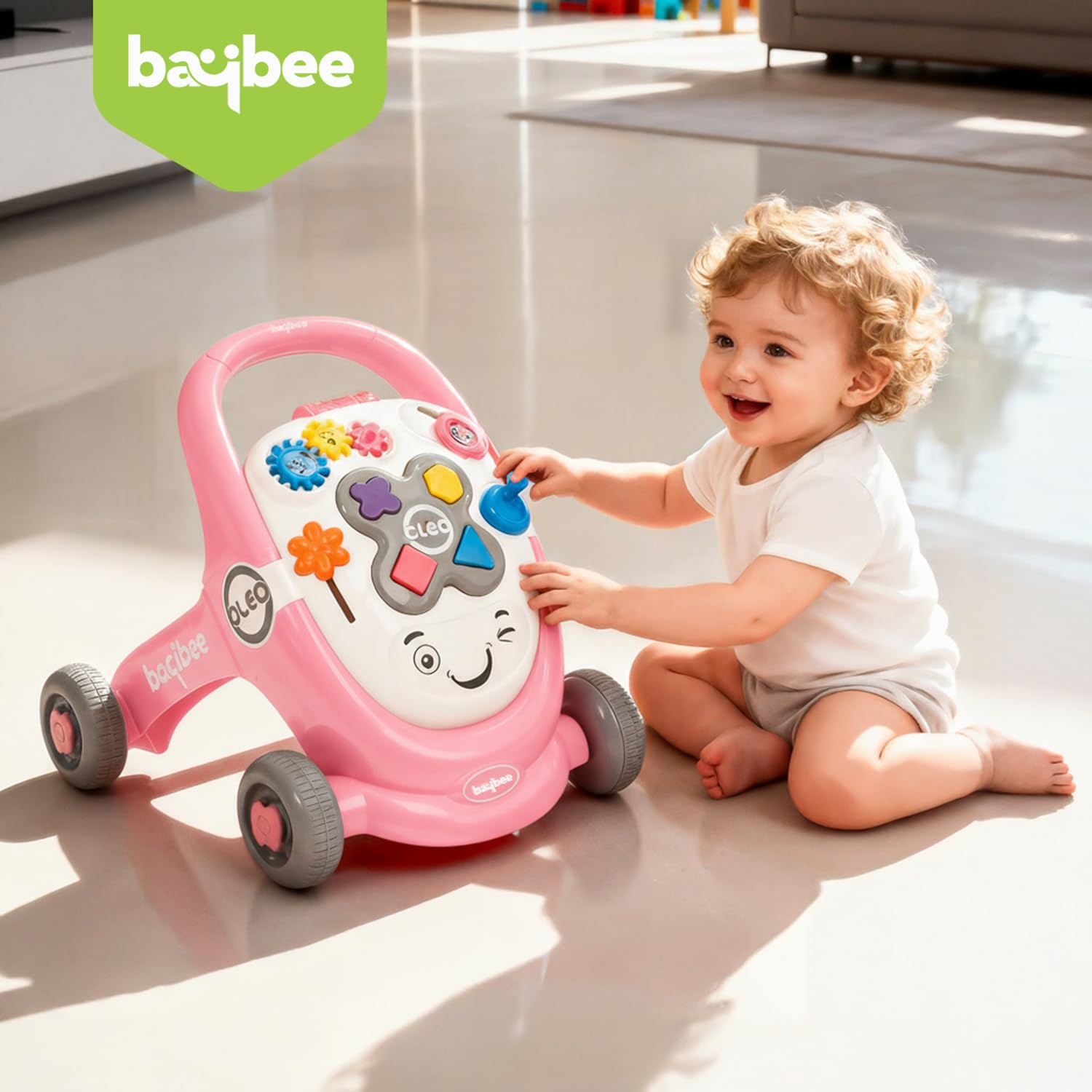 Baybee Oleo Baby Walker for Kids, Baby Activity Walker with Music, LED Light, Rotating Gears & Grip Push Handle | Kids Walker for Baby Toddlers | Baby Walker for 0 to 2 Years Boy Girl (Lite Pink)