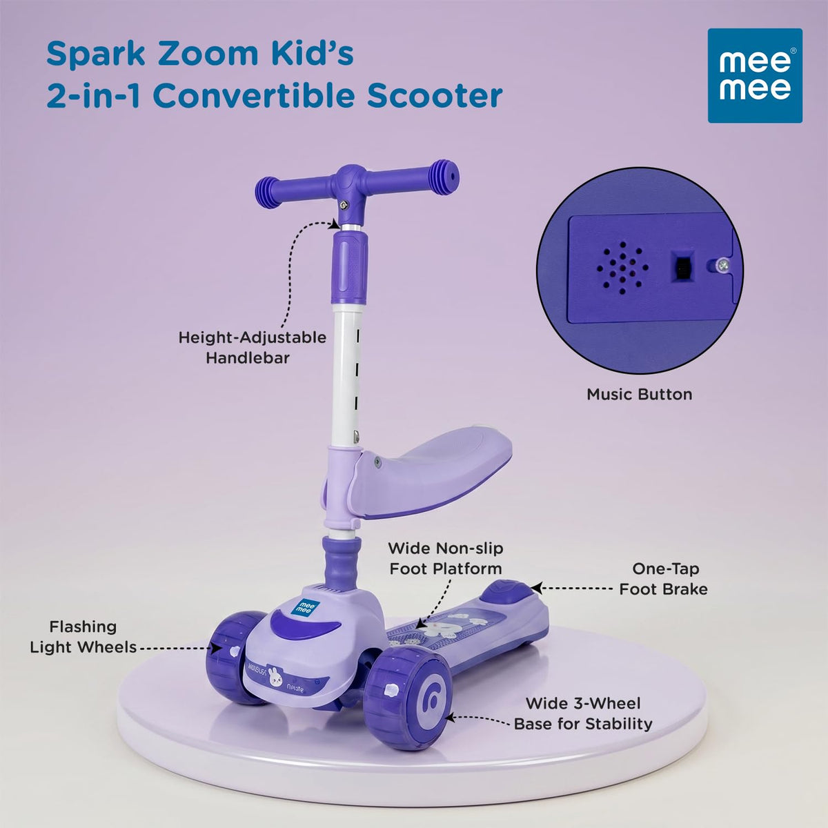Mee Mee Spark Zoom kids scooter in violet with foldable seat and labelled features