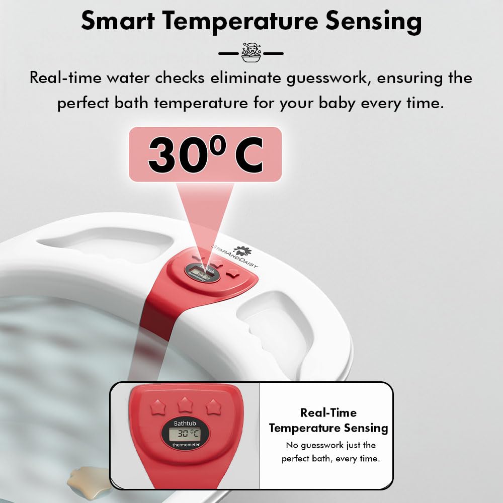 StarAndDaisy Baby Bath tub for 0 to 5 Years with Temperature Sensor/Bath tub for Kids 0-3 Years for Kids with Anti-Slip Legs/Bath tub for Baby with Baby Bather Without Wheel(White-Red)