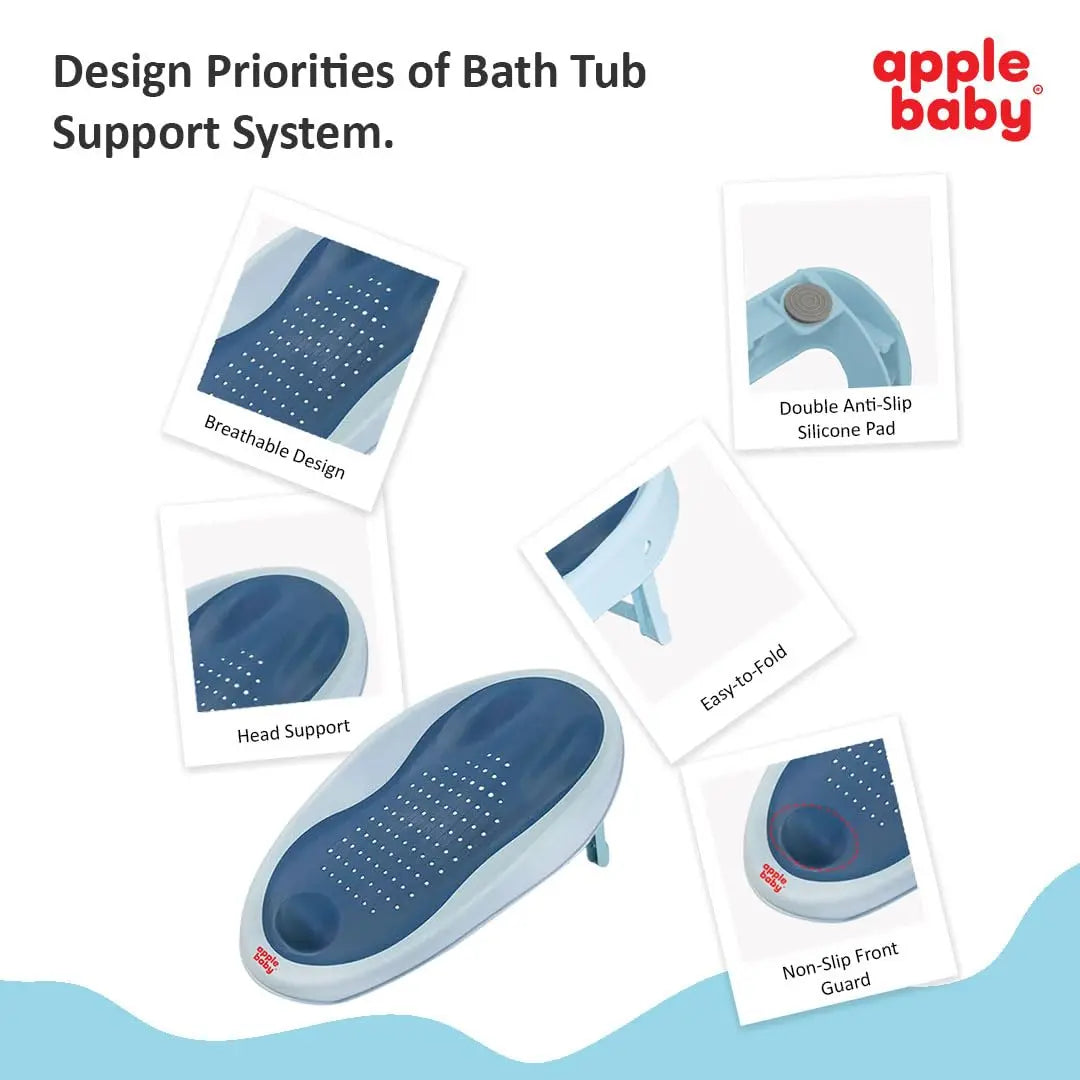 Apple Baby Bather tub Bath Support, Soft-Touch TPE Material, Non-Slip Surface with Quick Drain Holes, Compact and Lightweight (Blue) Apple Baby