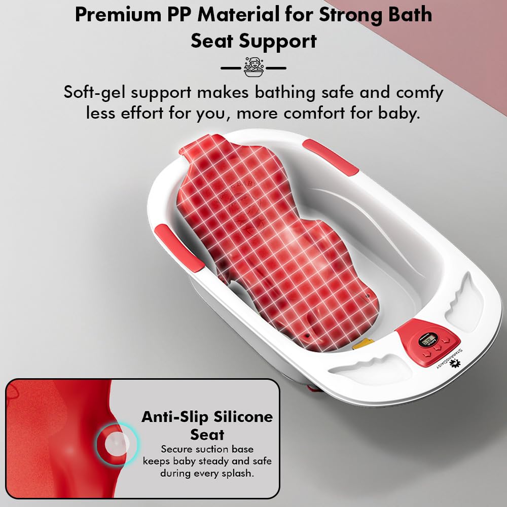 StarAndDaisy Baby Bath tub for 0 to 5 Years with Temperature Sensor/Bath tub for Kids 0-3 Years for Kids with Anti-Slip Legs/Bath tub for Baby with Baby Bather Without Wheel(White-Red)