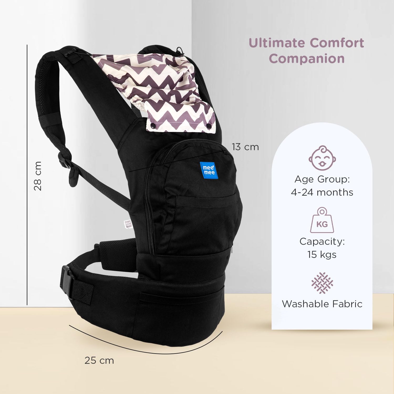 Mee Mee Cuddle Up Baby Carrier | 0-2 Years, Upto 16 Kgs Baby | Light Weight Kangaroo Baby Carry Bags/Wrap | Padded Waist Belt Comfortable Carrying Positions | Lightweight & Travel Friendly (Black Grey)