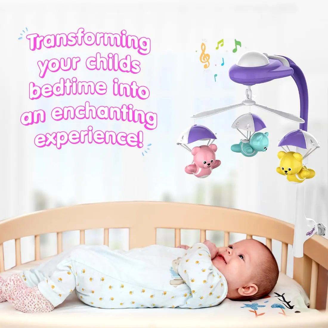 Giggles Funskool Bear Melody Crib Mobile cot, bed side bell, Soothing Music with Adorable Parachute Bears, Hanging Toy for Newborn Baby, Infants & Toddlers, Gift Set for Babies, Age 0+ Months Giggles Funskool