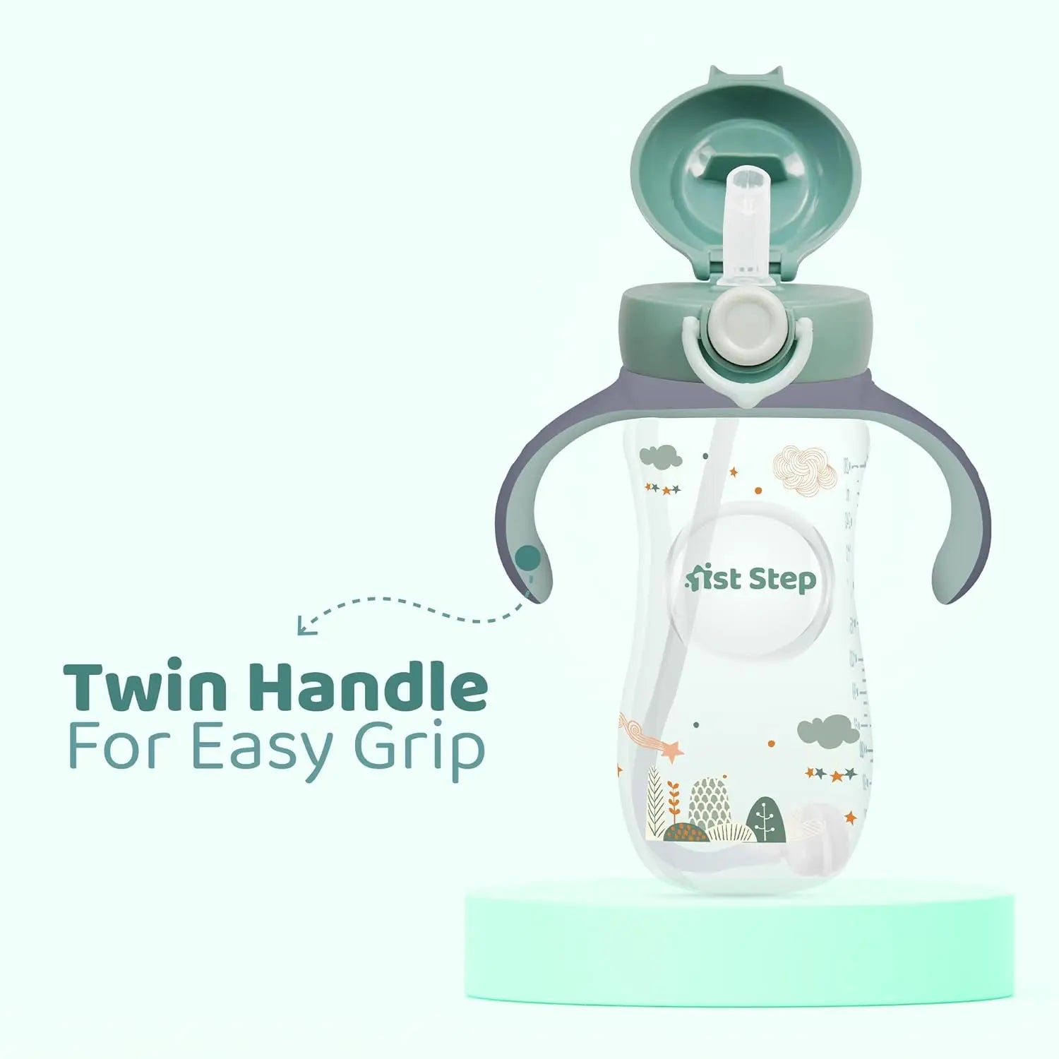 1st Step 330 ml BPA Free Anti-Spill Soft Silicone Weighted Straw Baby Sipper Cup with Twin Handle and Flip Top (6m+) - Green 1st Step