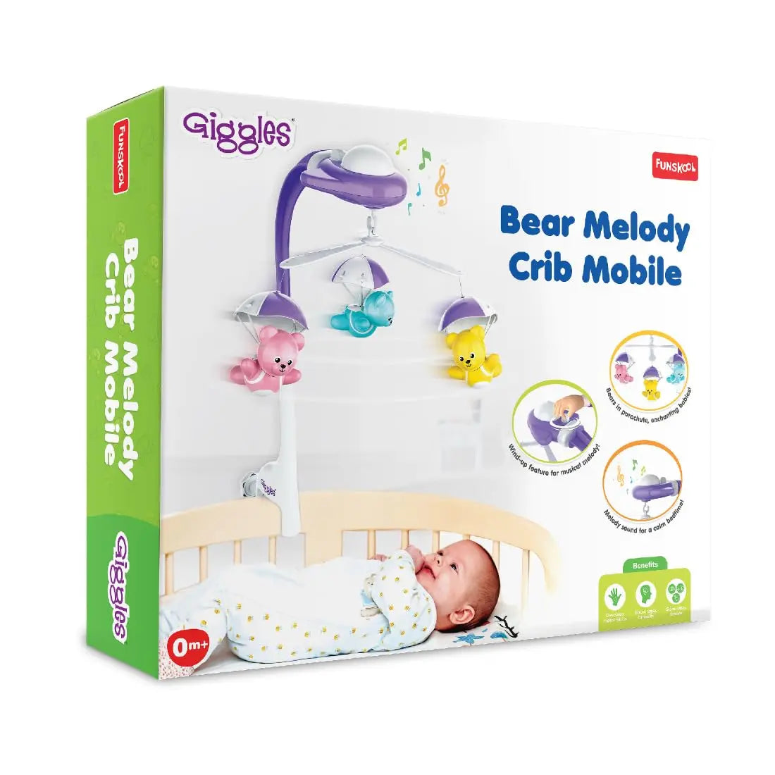 Giggles Funskool Bear Melody Crib Mobile cot, bed side bell, Soothing Music with Adorable Parachute Bears, Hanging Toy for Newborn Baby, Infants & Toddlers, Gift Set for Babies, Age 0+ Months Giggles Funskool