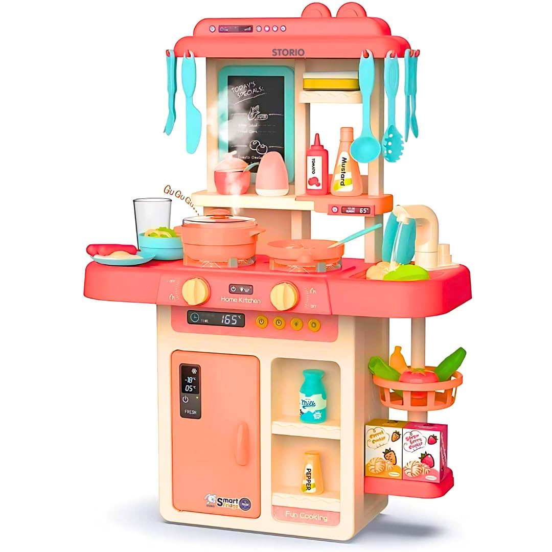 Storio Toys Kitchen Set for Kids Girls Big Cooking Set Light and Sound Pretend Play Toy Battery Operated with Accessories - Pink