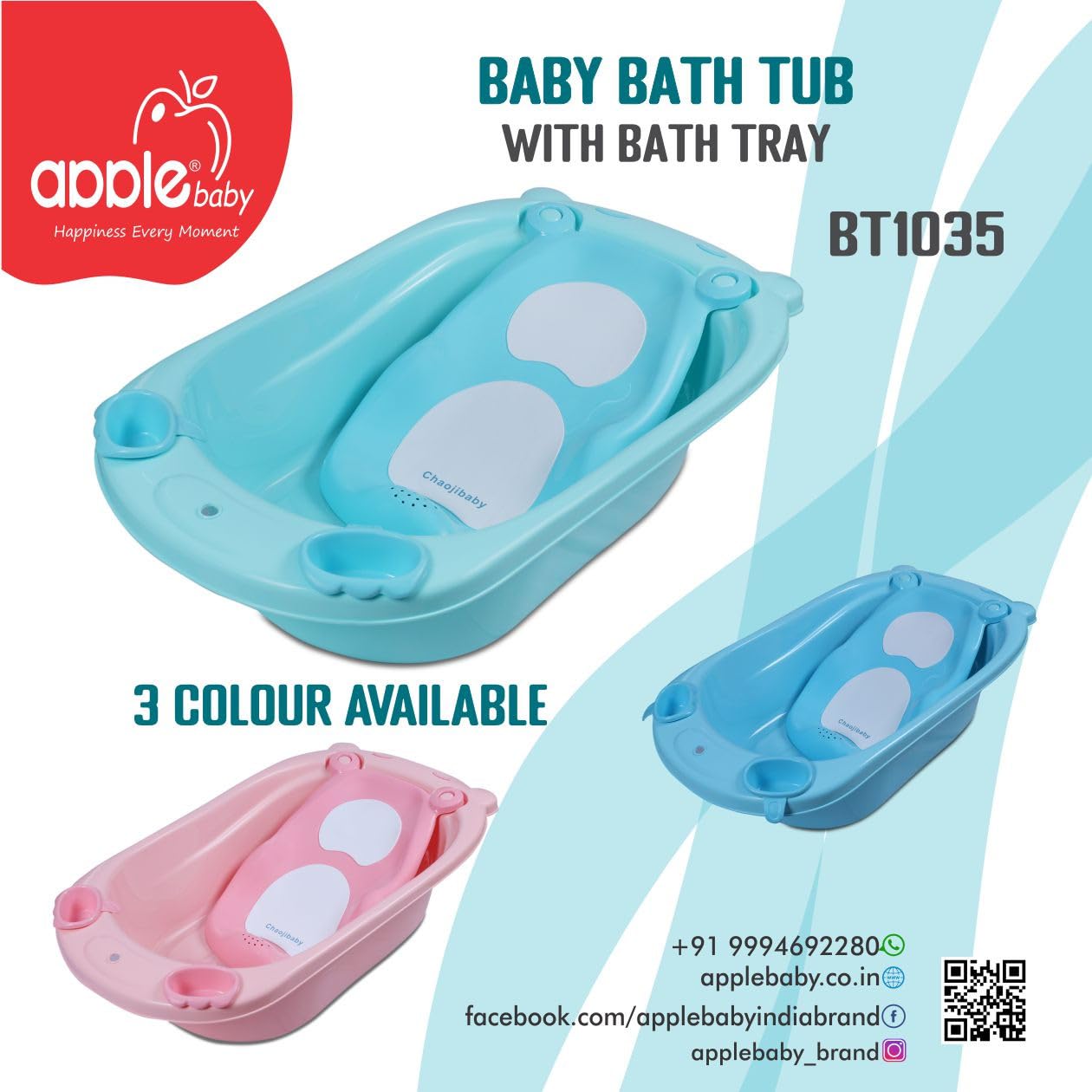 Apple Baby Splash Green Baby Bathtub with Seat Sling for Kids, Toddlers 0-3 Years