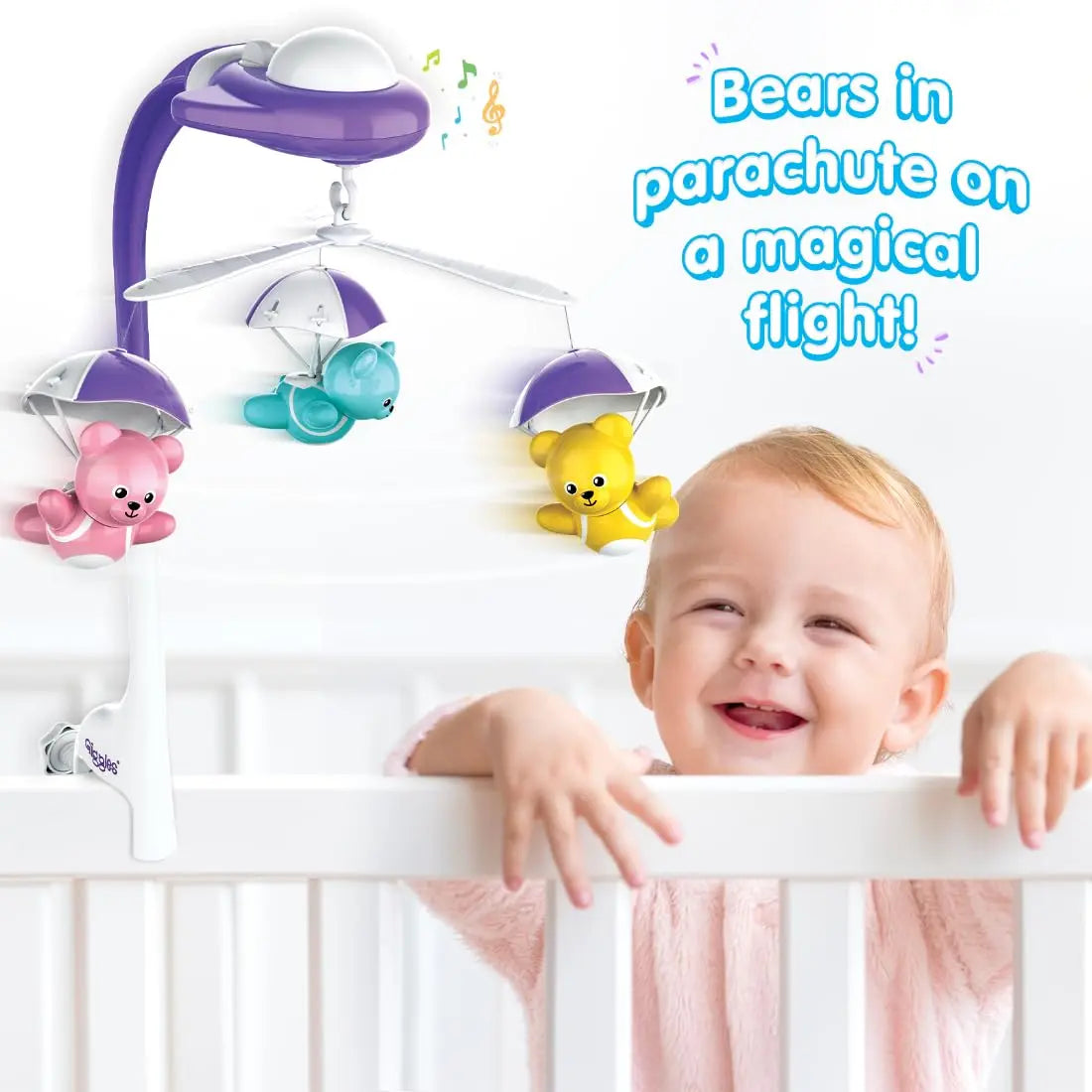 Giggles Funskool Bear Melody Crib Mobile cot, bed side bell, Soothing Music with Adorable Parachute Bears, Hanging Toy for Newborn Baby, Infants & Toddlers, Gift Set for Babies, Age 0+ Months Giggles Funskool