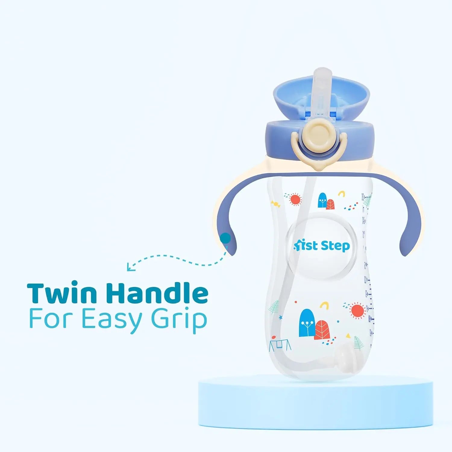 1st Step 330 ml BPA Free Anti-Spill Soft Silicone Weighted Straw Baby Sipper Cup with Twin Handle and Flip Top (6m+) - Blue 1st Step
