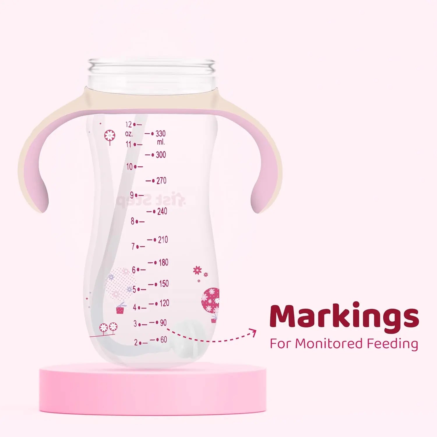 1st Step 330 ml BPA Free Anti-Spill Soft Silicone Weighted Straw Baby Sipper Cup with Twin Handle and Flip Top (6m+) - Pink 1st Step