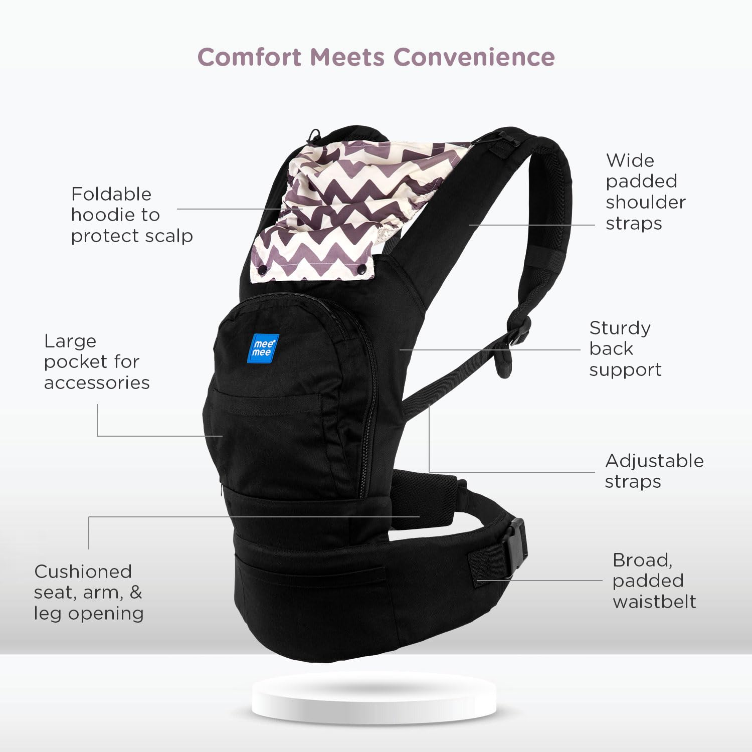 Mee Mee Cuddle Up Baby Carrier | 0-2 Years, Upto 16 Kgs Baby | Light Weight Kangaroo Baby Carry Bags/Wrap | Padded Waist Belt Comfortable Carrying Positions | Lightweight & Travel Friendly (Black Grey)