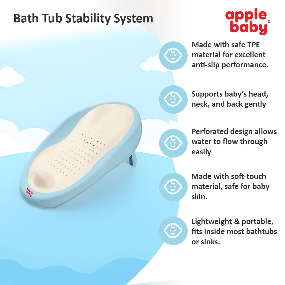 Apple Baby Bath Support, Soft-Touch TPE Material, Non-Slip Surface with Quick Drain Holes, Compact and Lightweight (Light Blue)